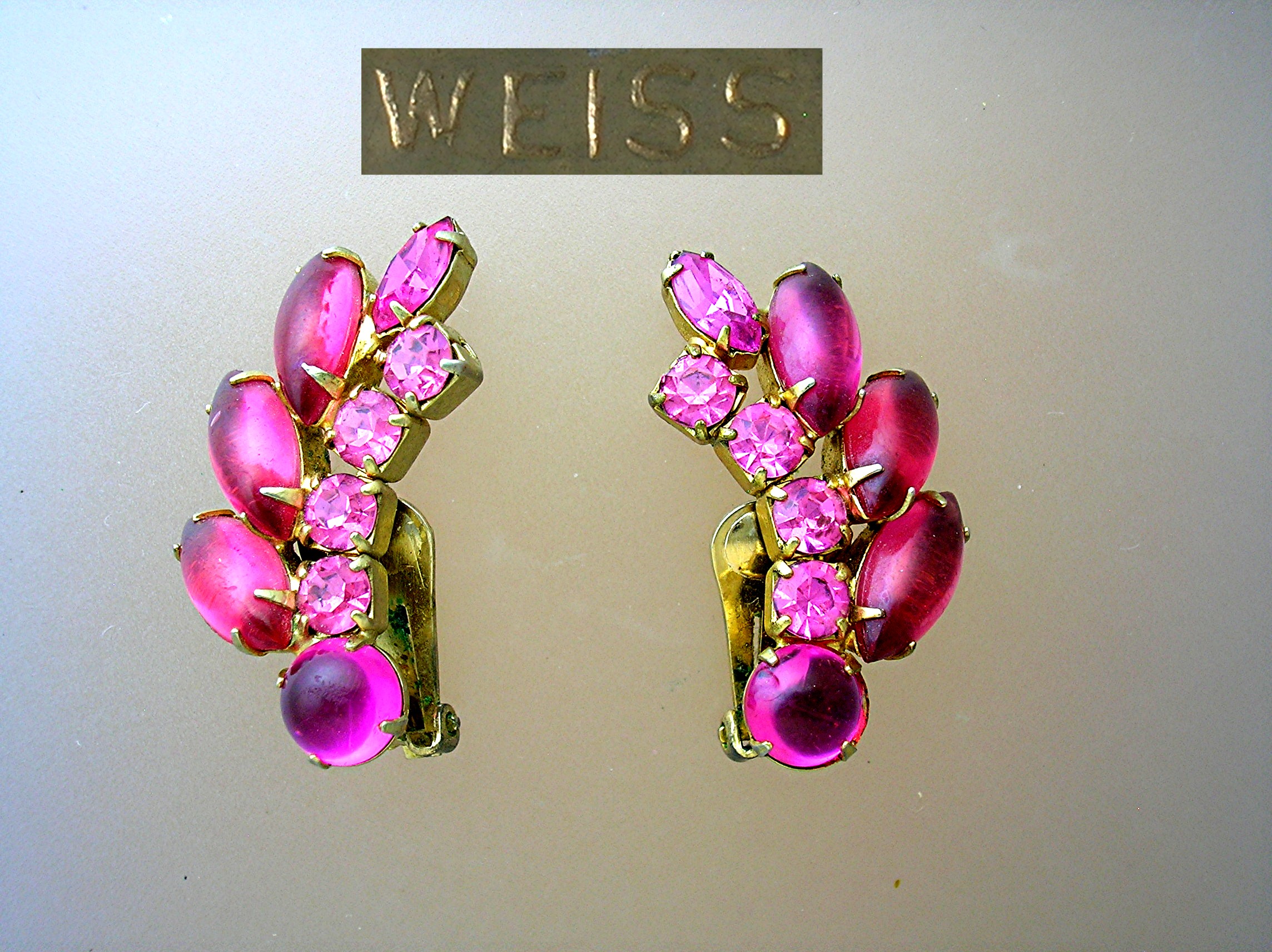 WEISS Pink Crystal Clip Earrings 1 1/2 inch