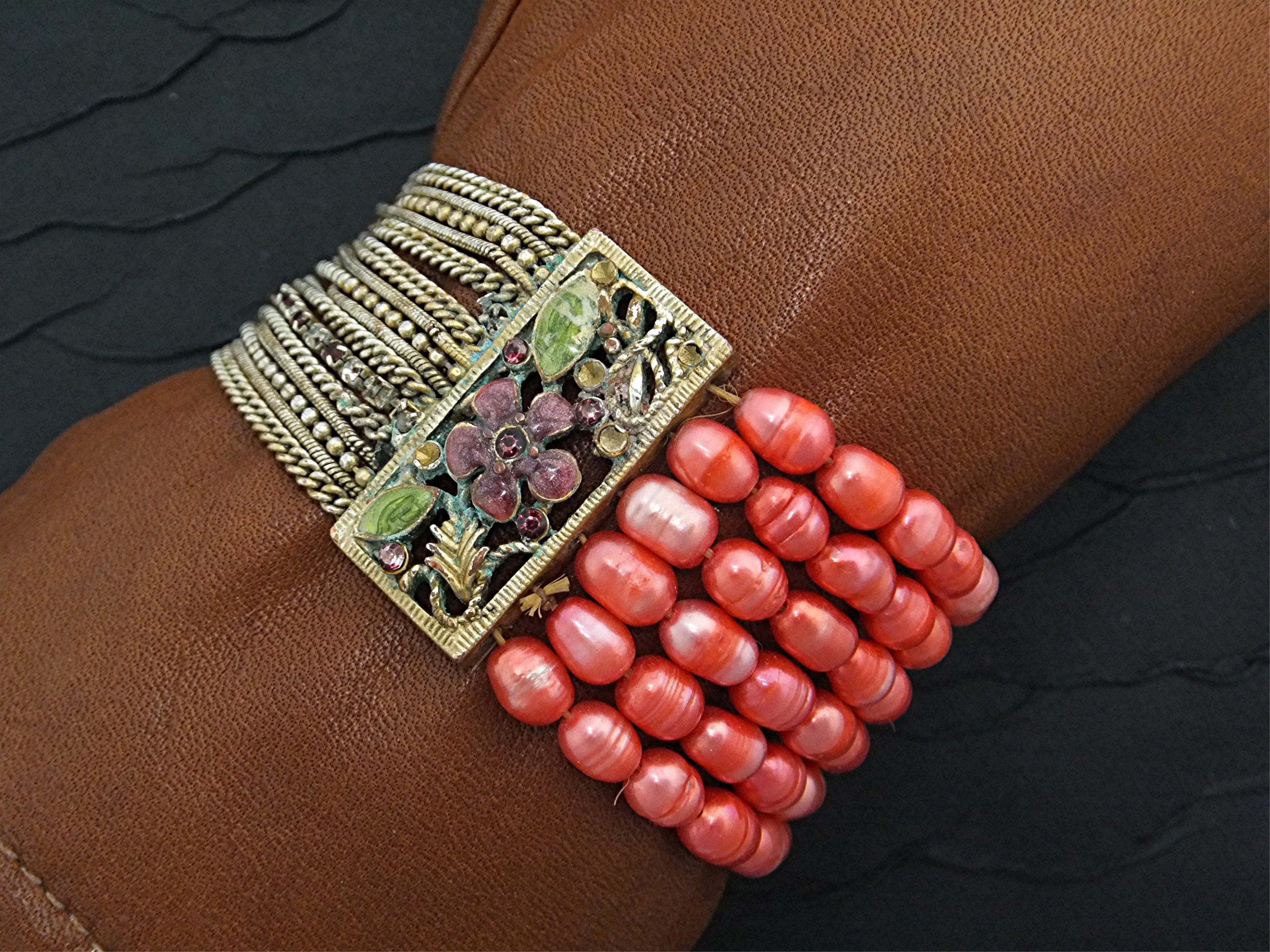Bracelet Pink 6 Strand Freshwater Pearl Enamel Flower