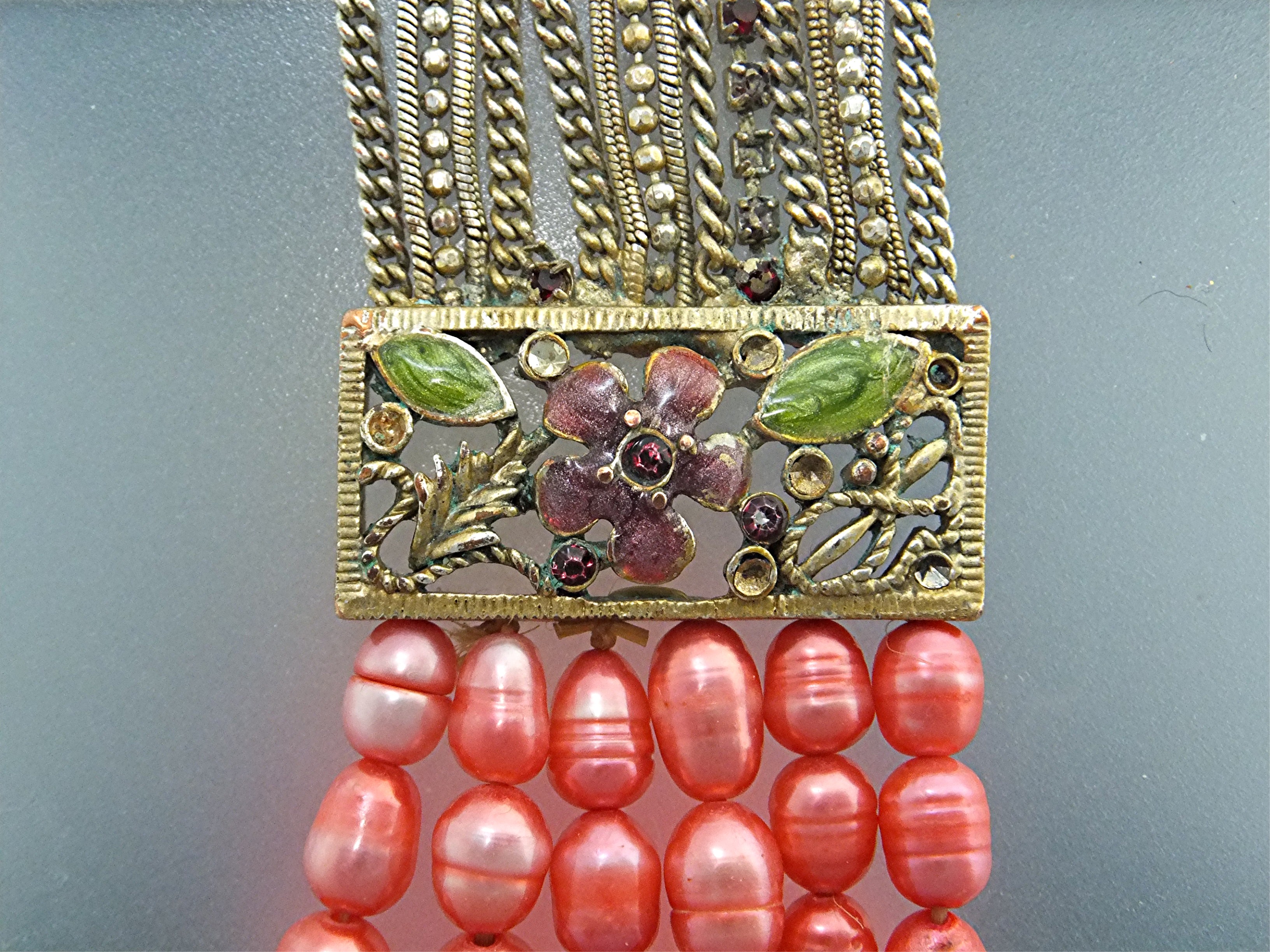 Bracelet Pink 6 Strand Freshwater Pearl Enamel Flower