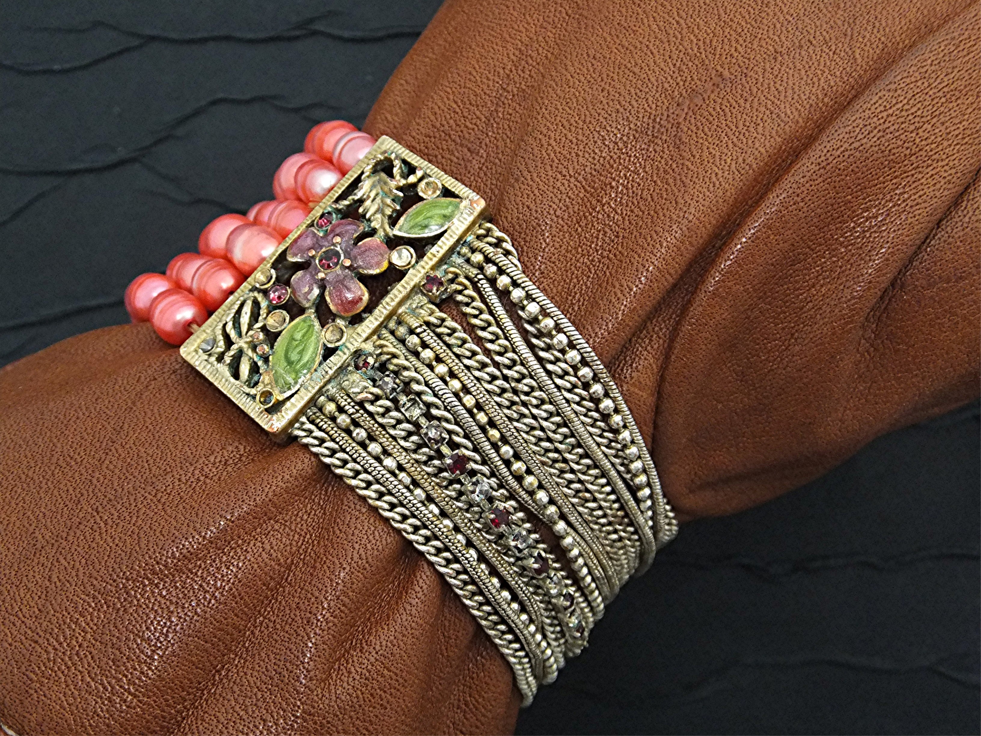 Bracelet Pink 6 Strand Freshwater Pearl Enamel Flower