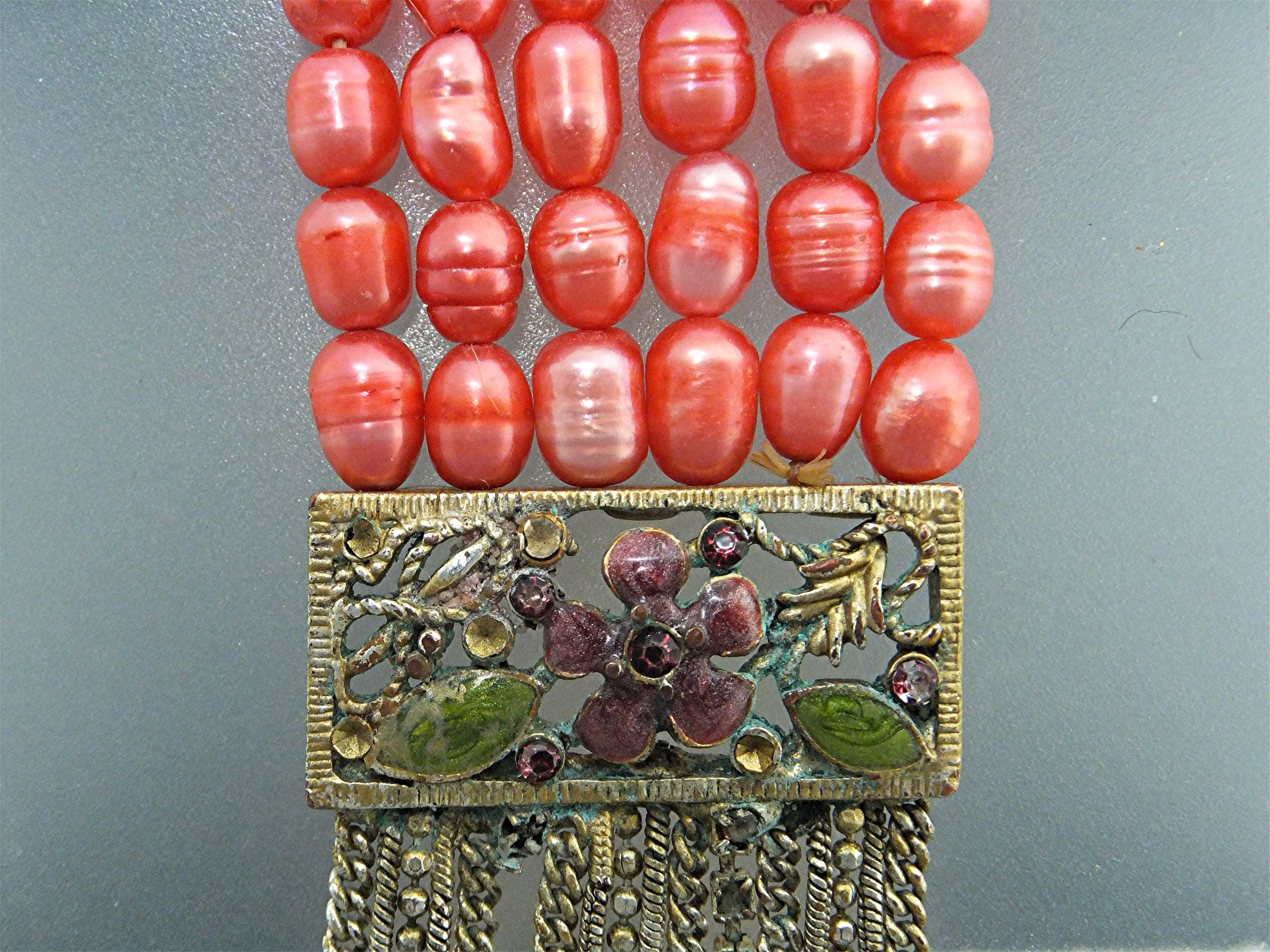Bracelet Pink 6 Strand Freshwater Pearl Enamel Flower