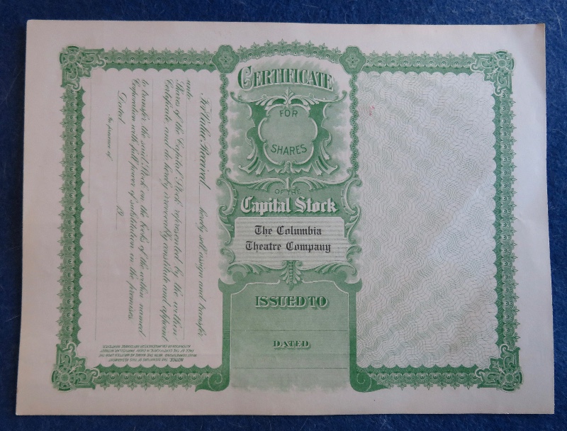 Early 1900's The Columbia Theatre Company Stock Certificate
