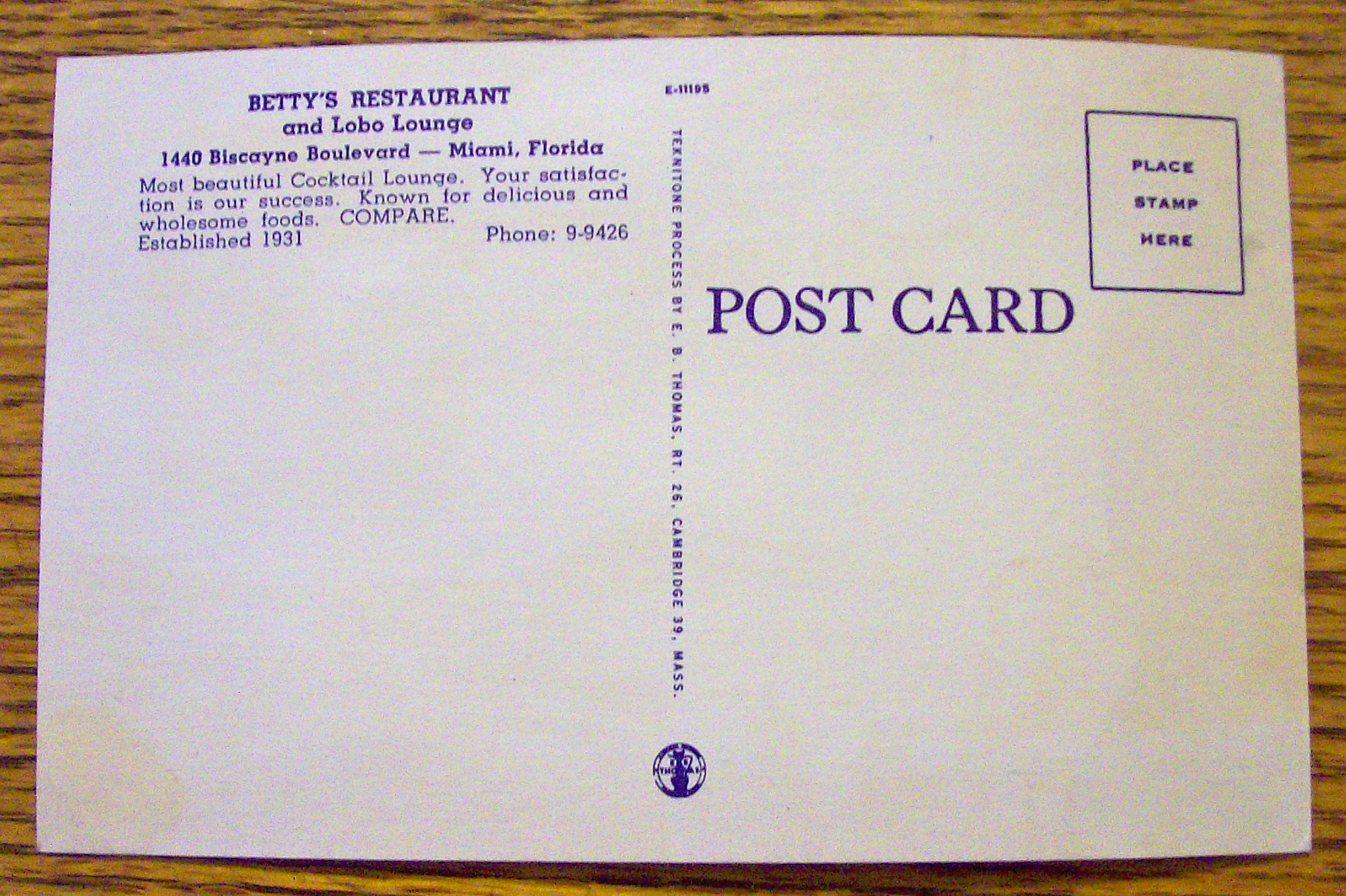 Betty's Restaurant Postcard (Florida)