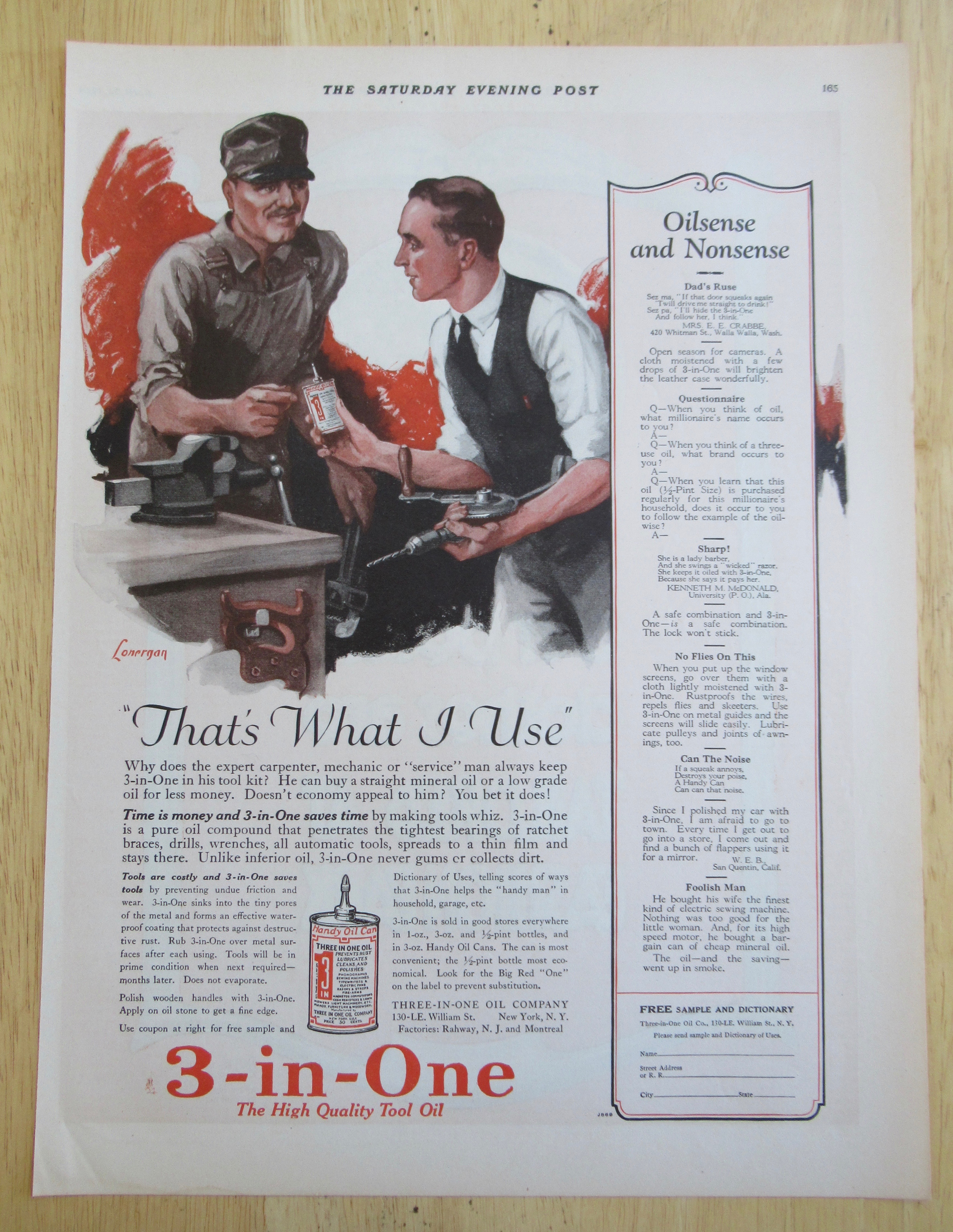1926 3 in One Tool Oil with Men Working on Tools