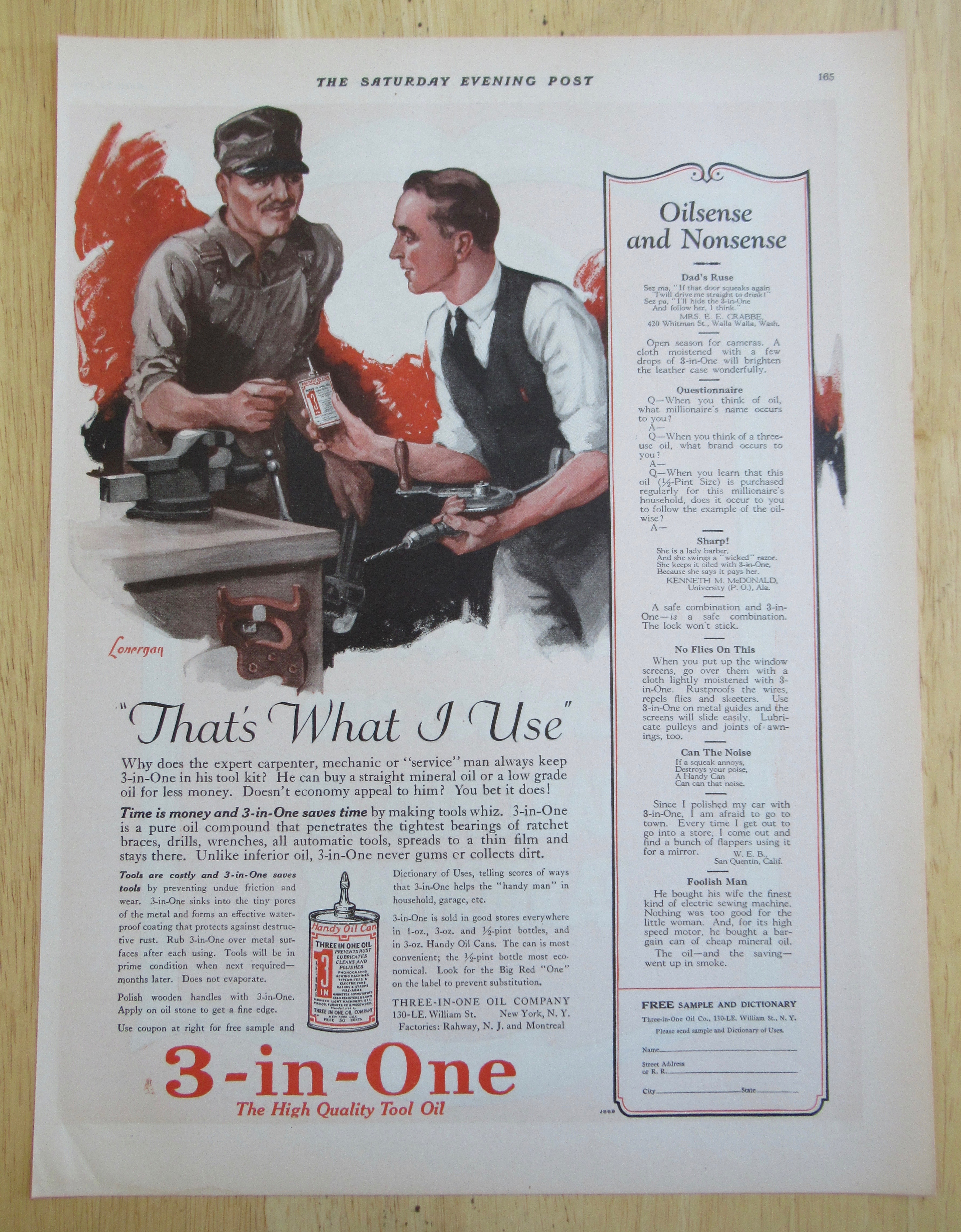 1926 3 in One Tool Oil with Men Working on Tools
