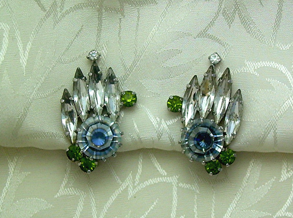 Austrian Peridot and Grey Crystal  Clip Earrings
