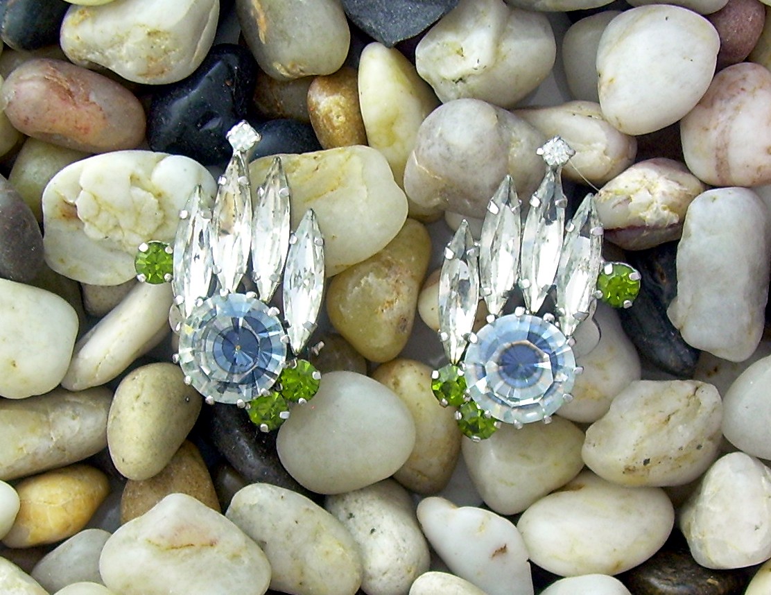 Austrian Peridot and Grey Crystal  Clip Earrings