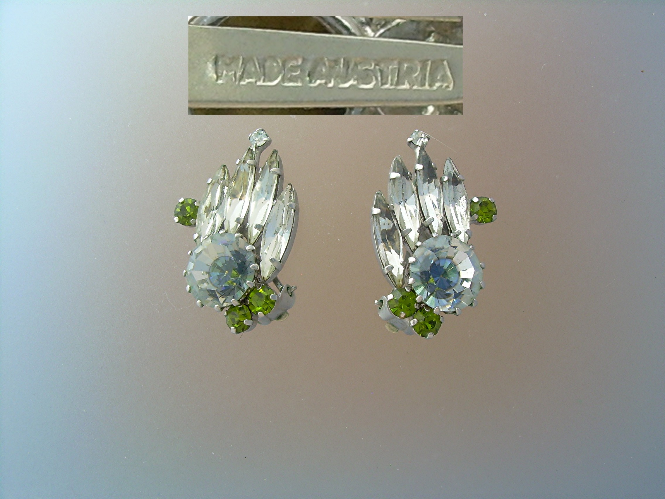 Austrian Peridot and Grey Crystal  Clip Earrings