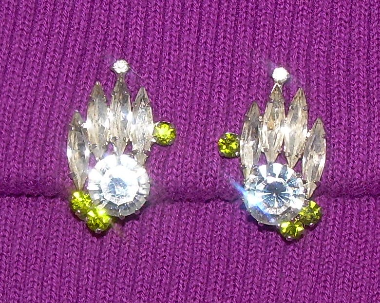Austrian Peridot and Grey Crystal  Clip Earrings