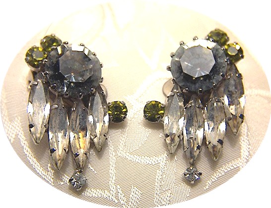 Austrian Peridot and Grey Crystal  Clip Earrings
