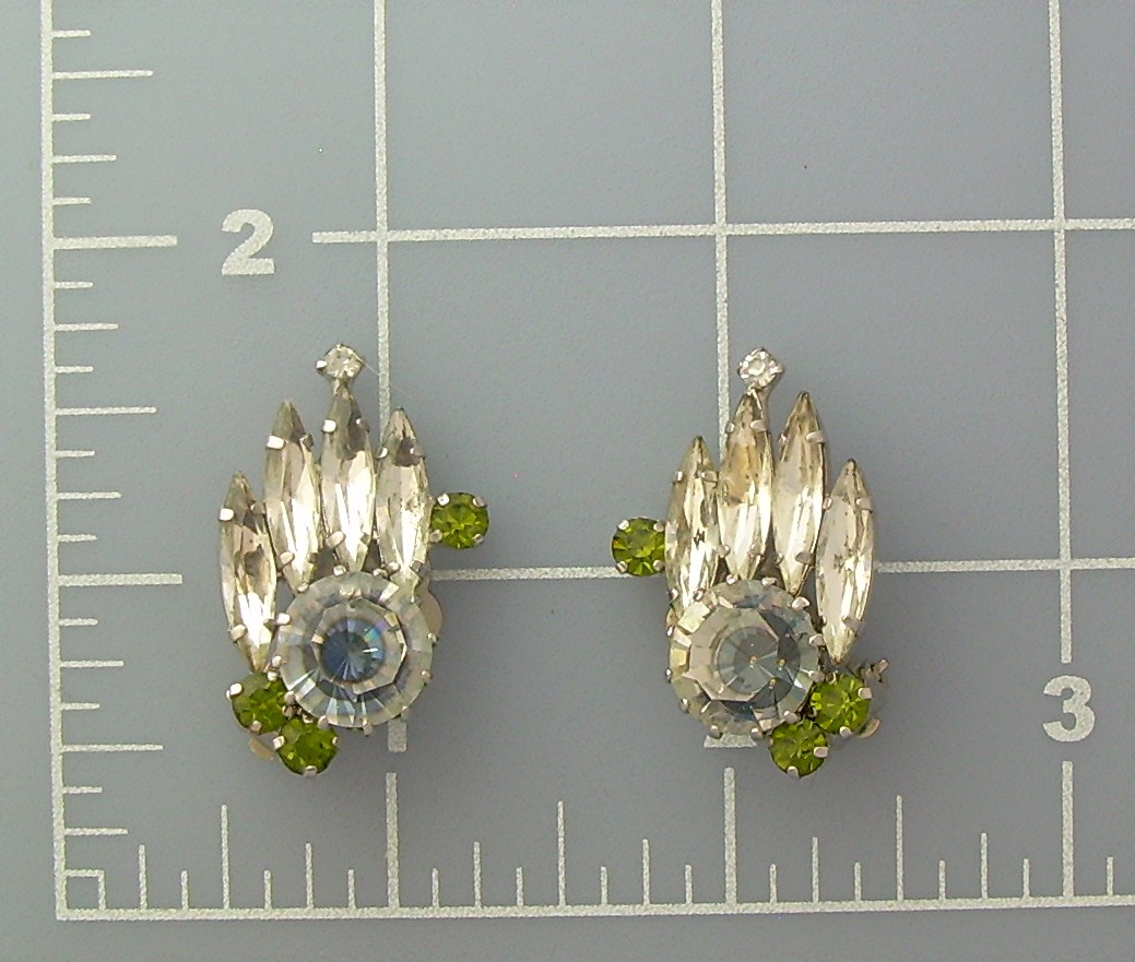 Austrian Peridot and Grey Crystal  Clip Earrings