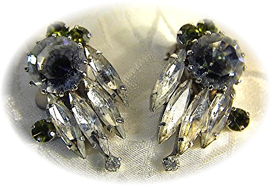 Austrian Peridot and Grey Crystal  Clip Earrings