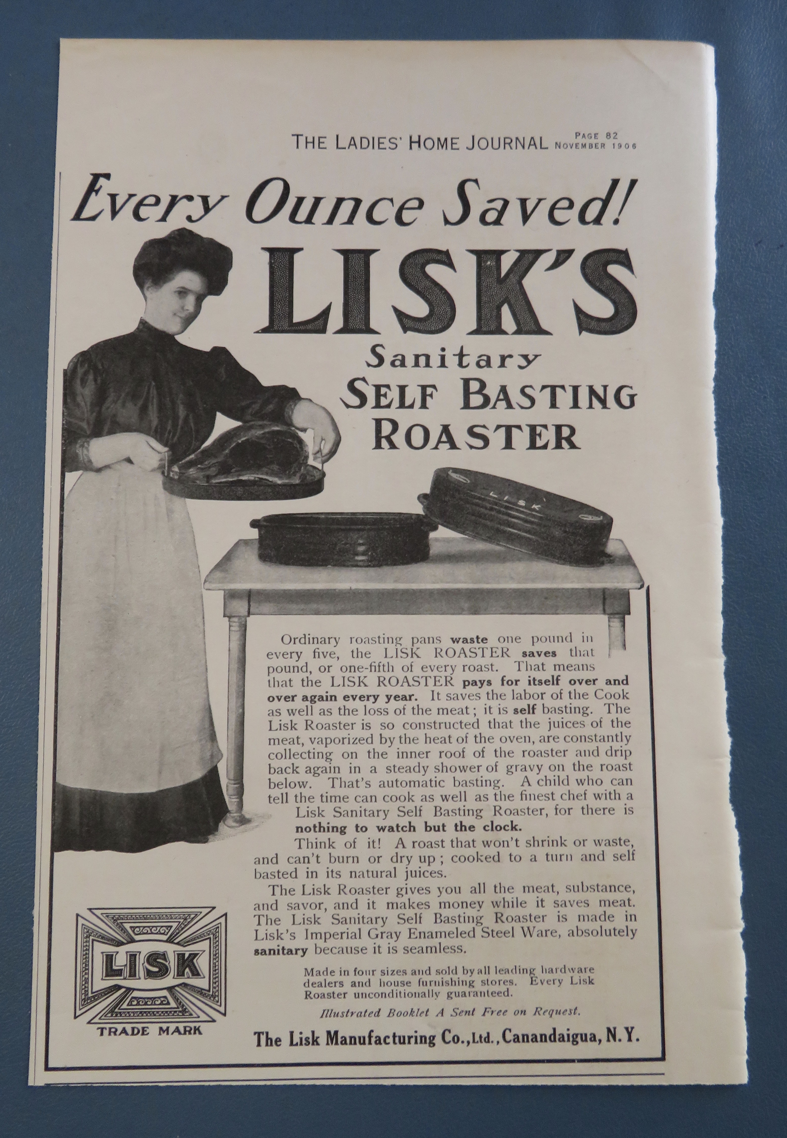 1906 Lisk's Sanitary Self Basting Roaster with Woman