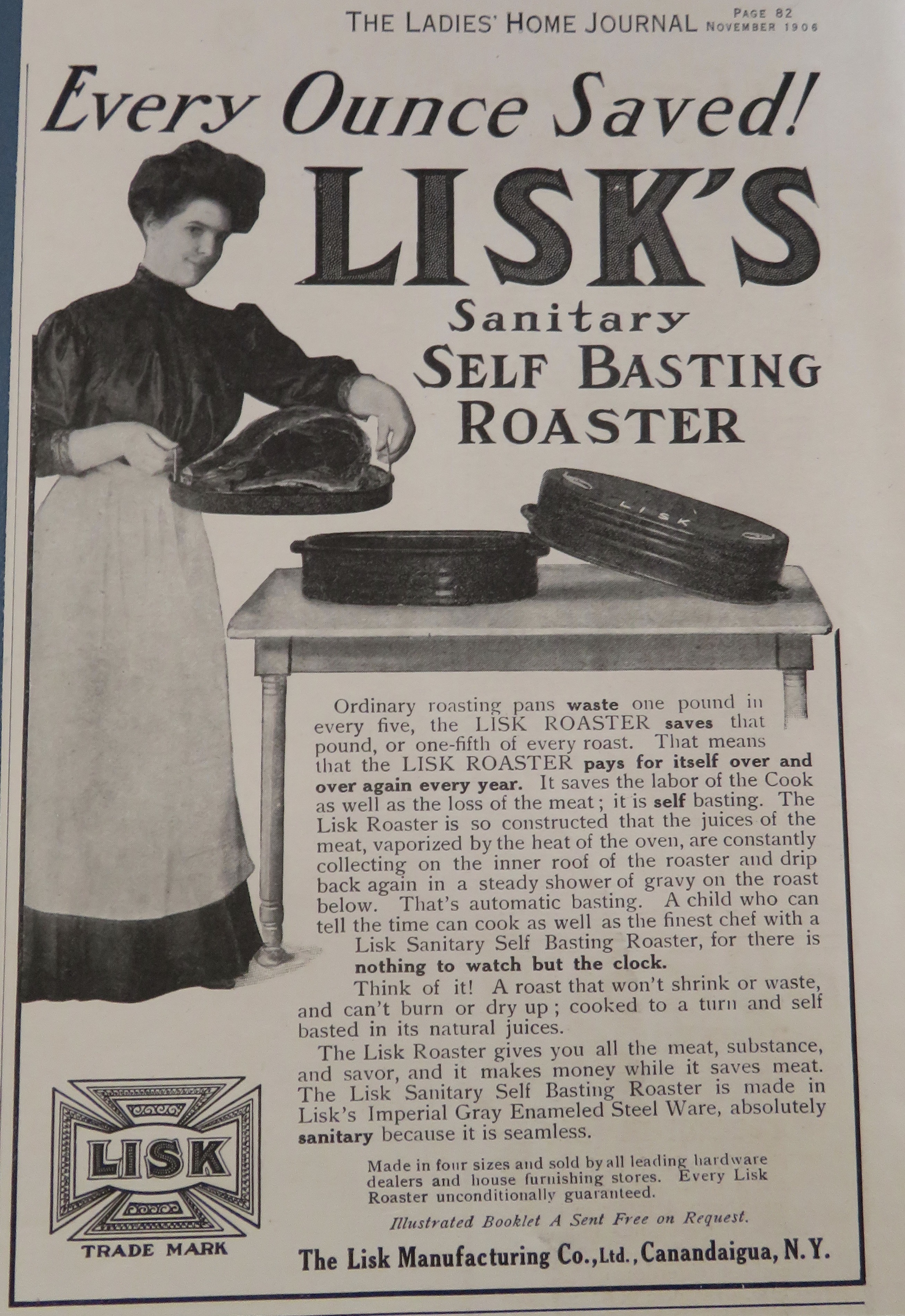 1906 Lisk's Sanitary Self Basting Roaster with Woman