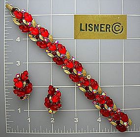 LISNER Red Leaf Crystal Bracelet & Earrings