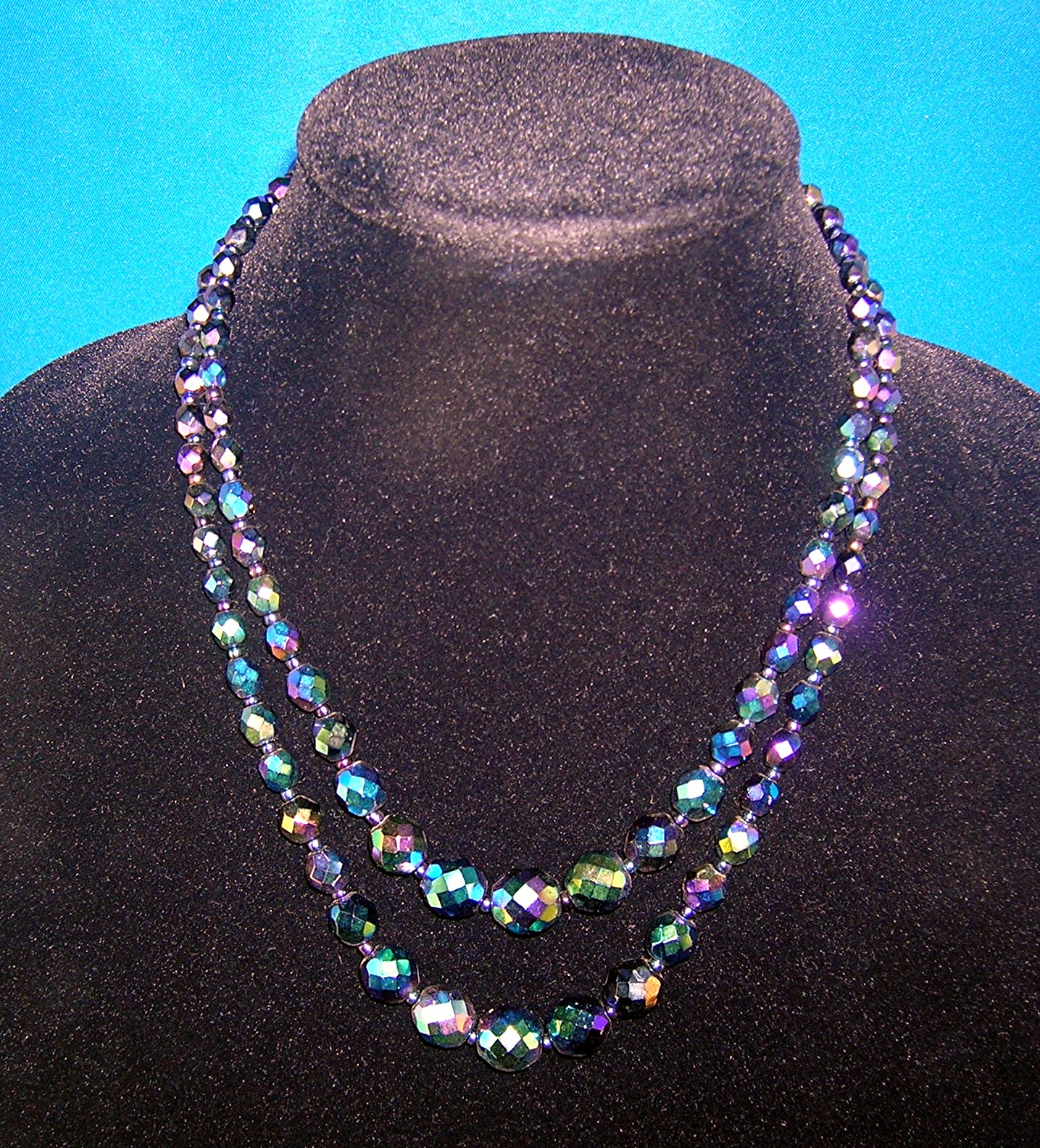 Bead Necklace, Blue Black faceted glass beads
