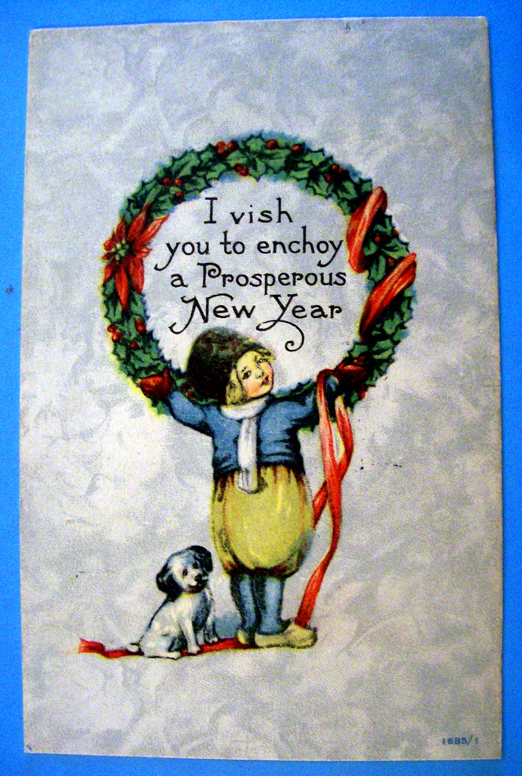 A Happy New Year Postcard with Girl Holding Wreath