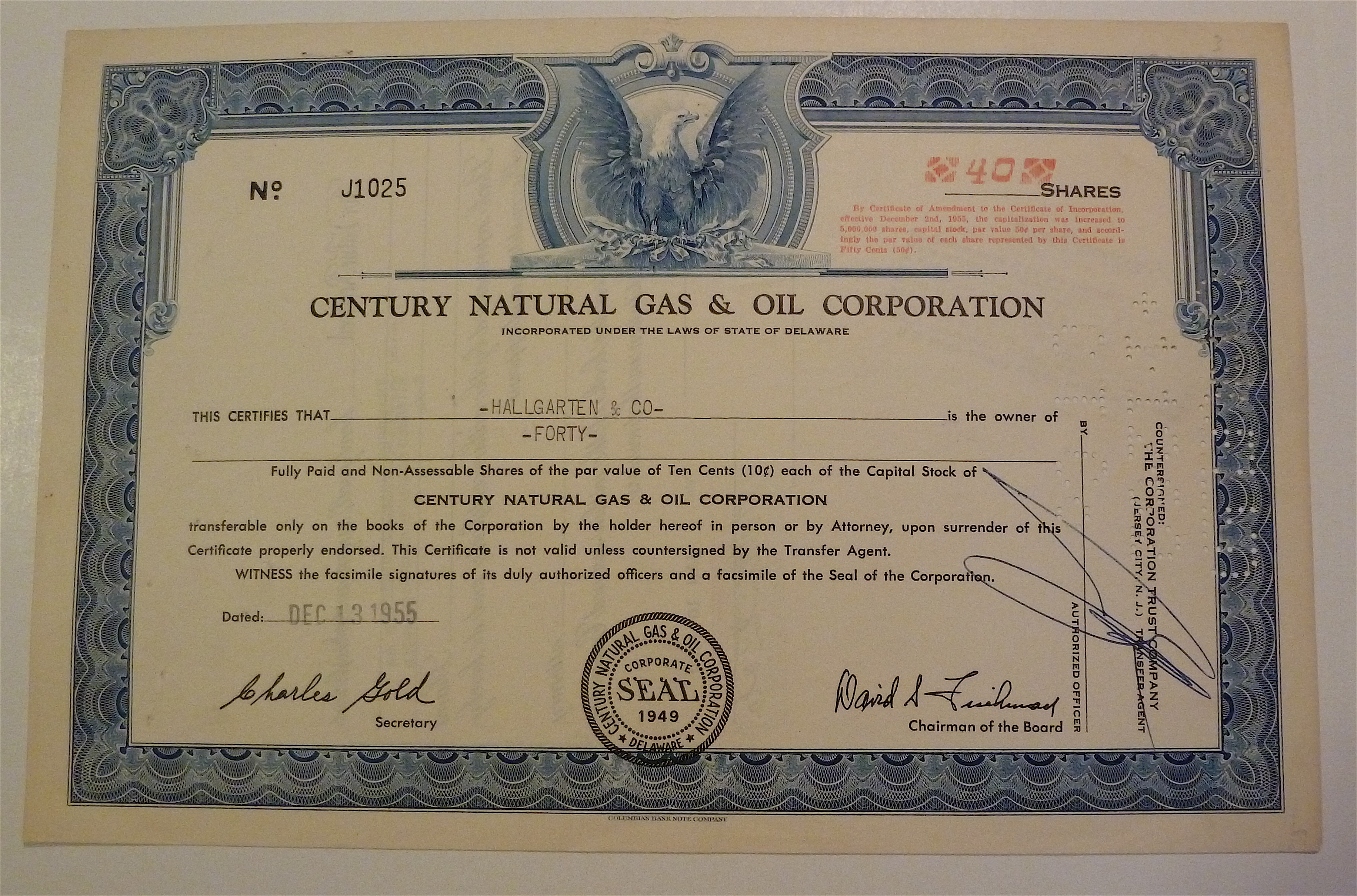1955 Century Natural Gas & Oil Corp Stock Certificate