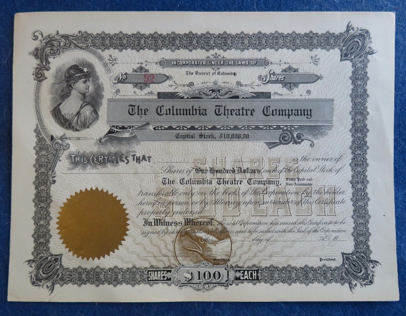 Early 1900's The Columbia Theatre Company Stock Certificate