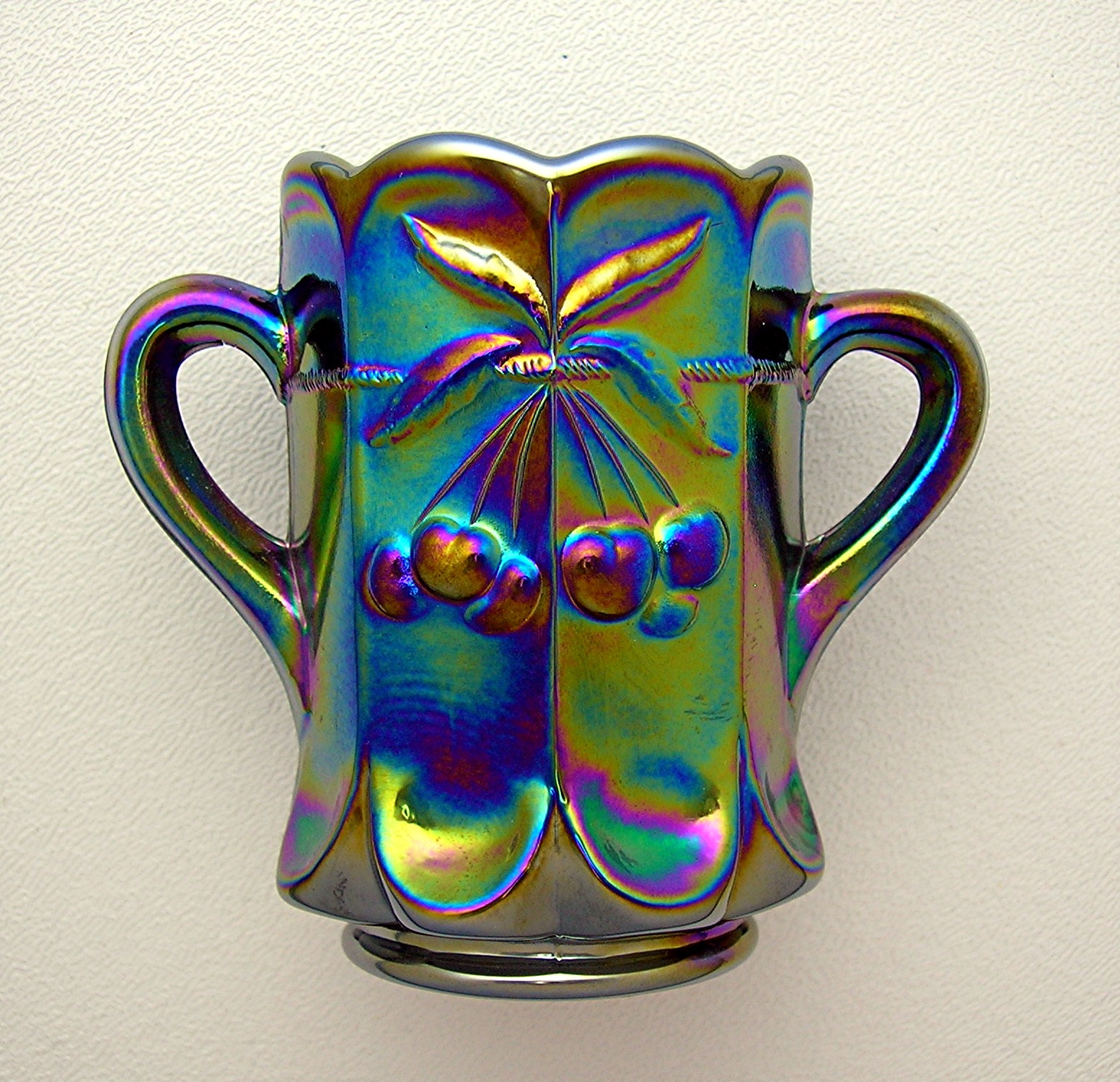 Blue Carnival Glass Cherries Toothpick Holder