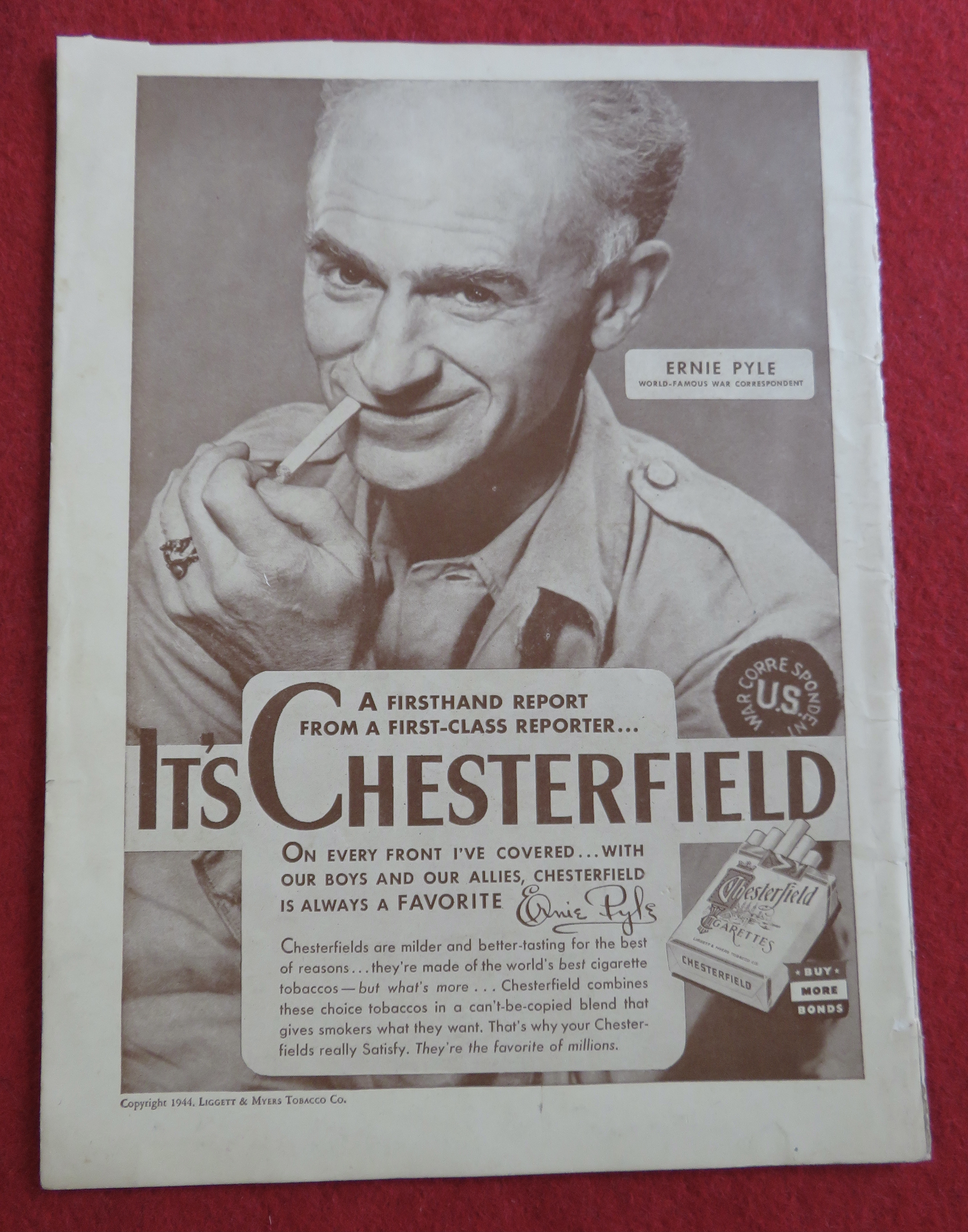 1944 Chesterfield Cigarettes with Ernie Pyle