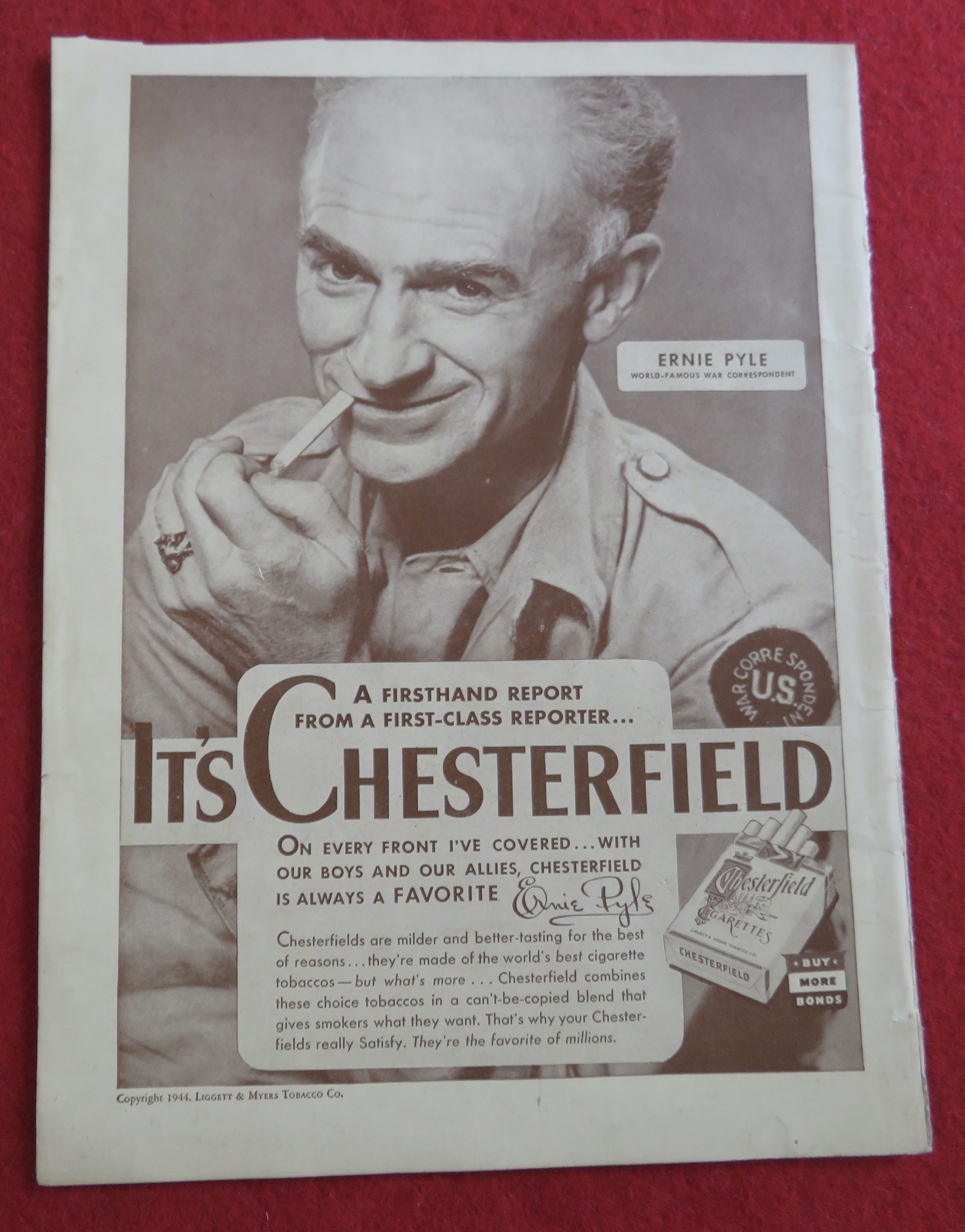 1944 Chesterfield Cigarettes with Ernie Pyle