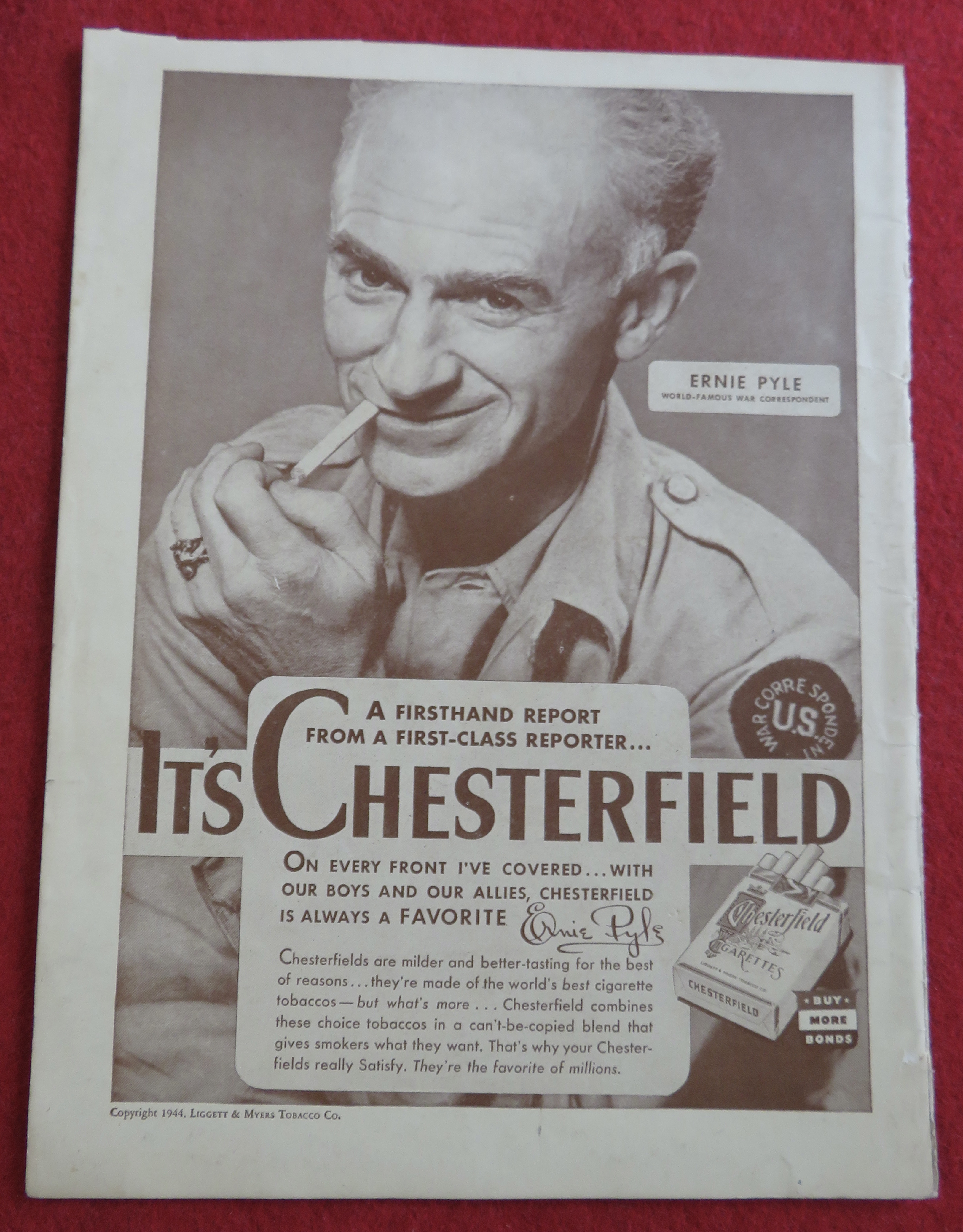 1944 Chesterfield Cigarettes with Ernie Pyle