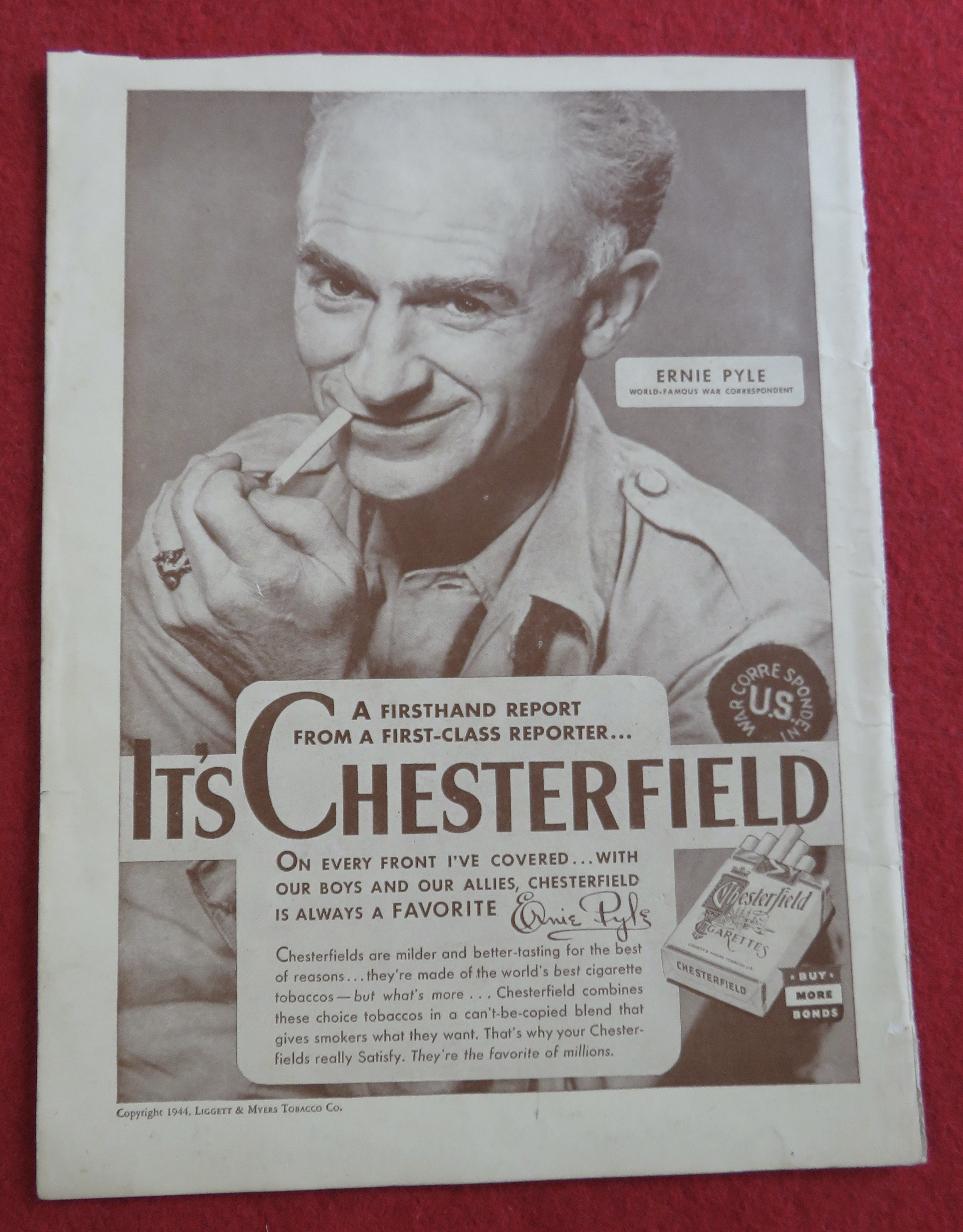 1944 Chesterfield Cigarettes with Ernie Pyle