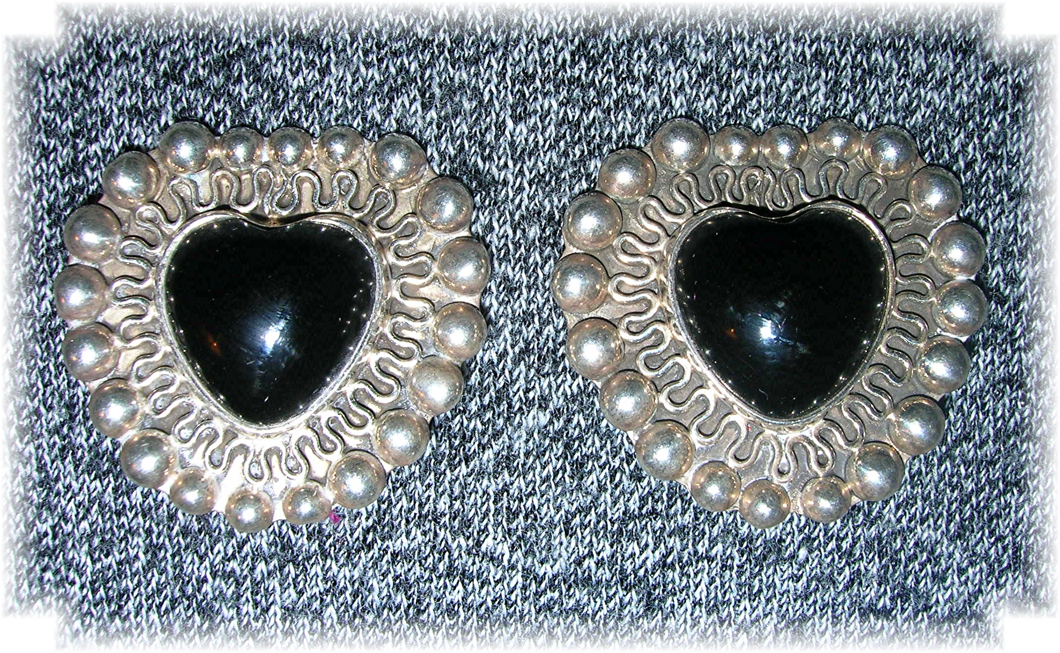 Taxco Mexico Sterling Silver Onyx Heart Clip Earrings