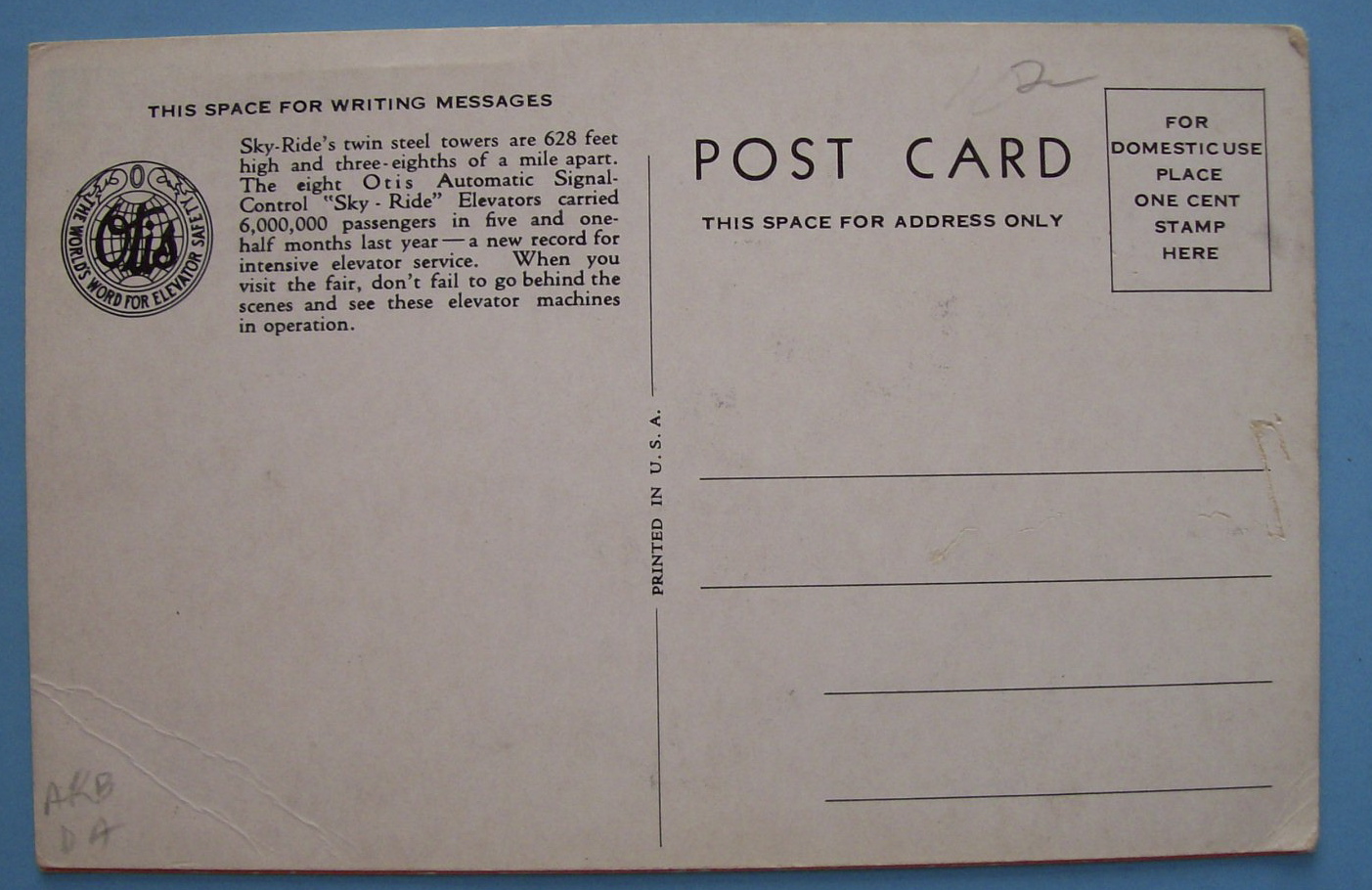 Otis Elevator Exhibit Postcard (Century Of Progress)