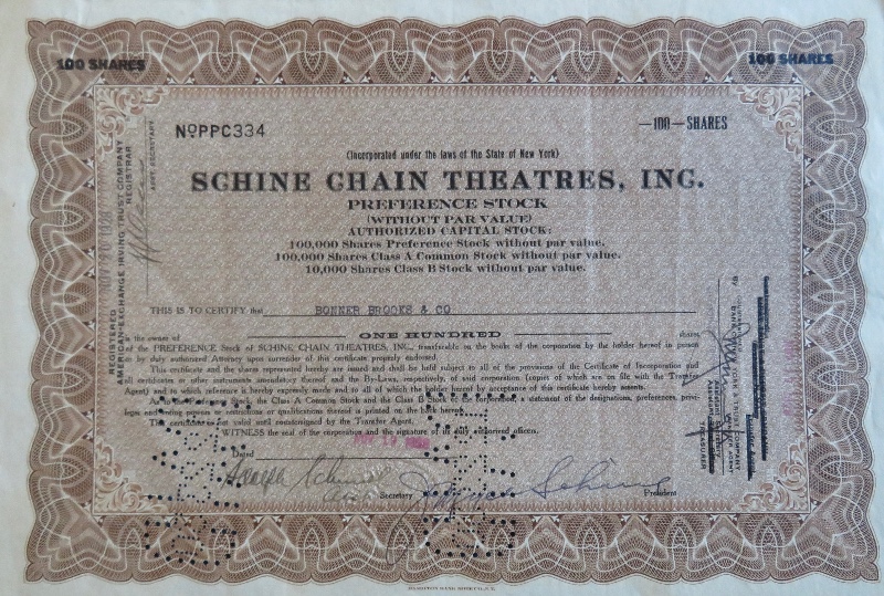 1928 Schine Chain Theatres, Inc Stock Certificate