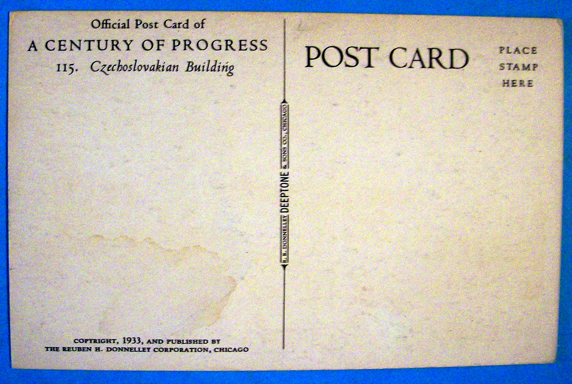 1933 Century of Progress, Czechoslovakian Bldg Postcard