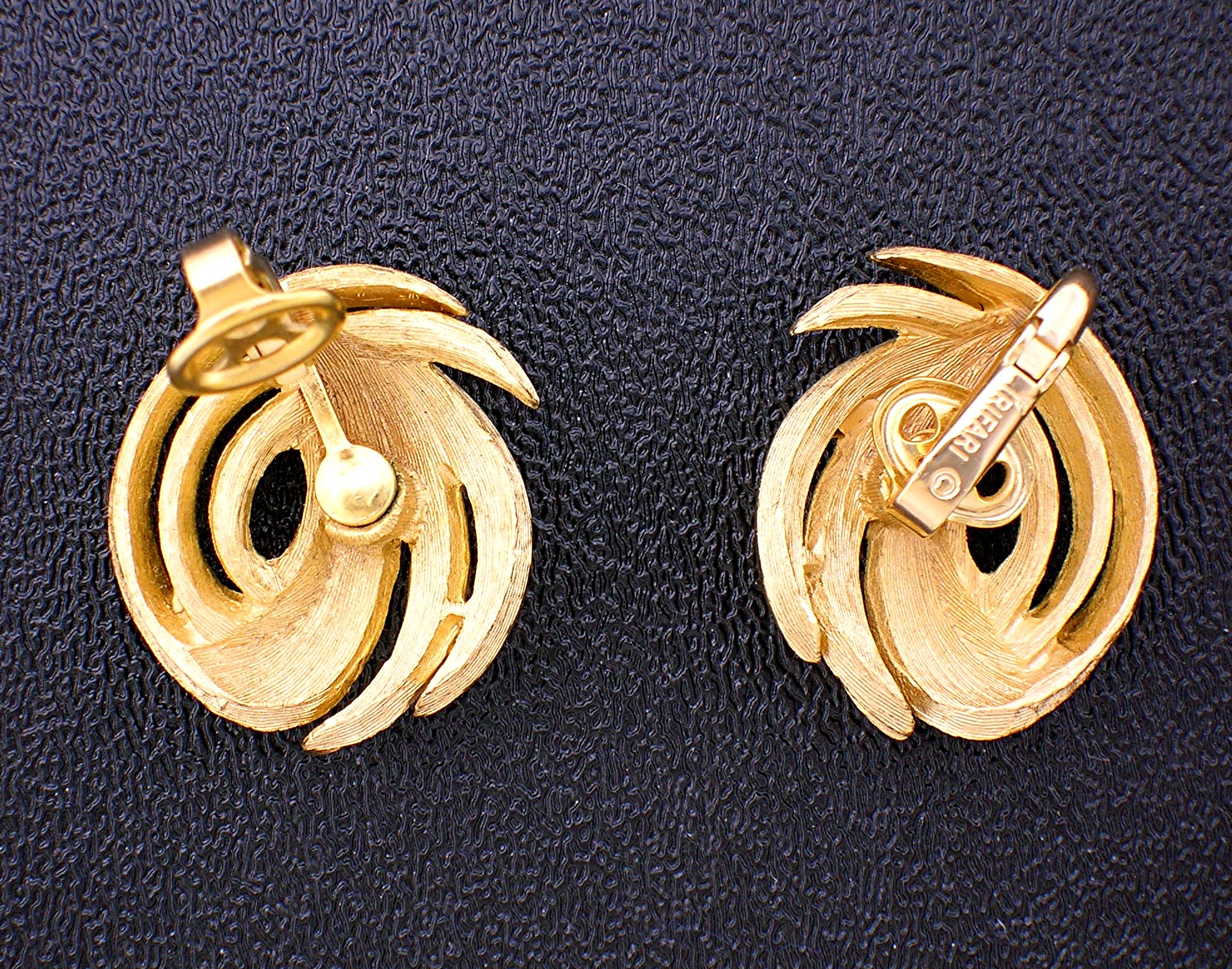 Crown Trifari Brushed Gold Swirl  Pull Clip Earrings