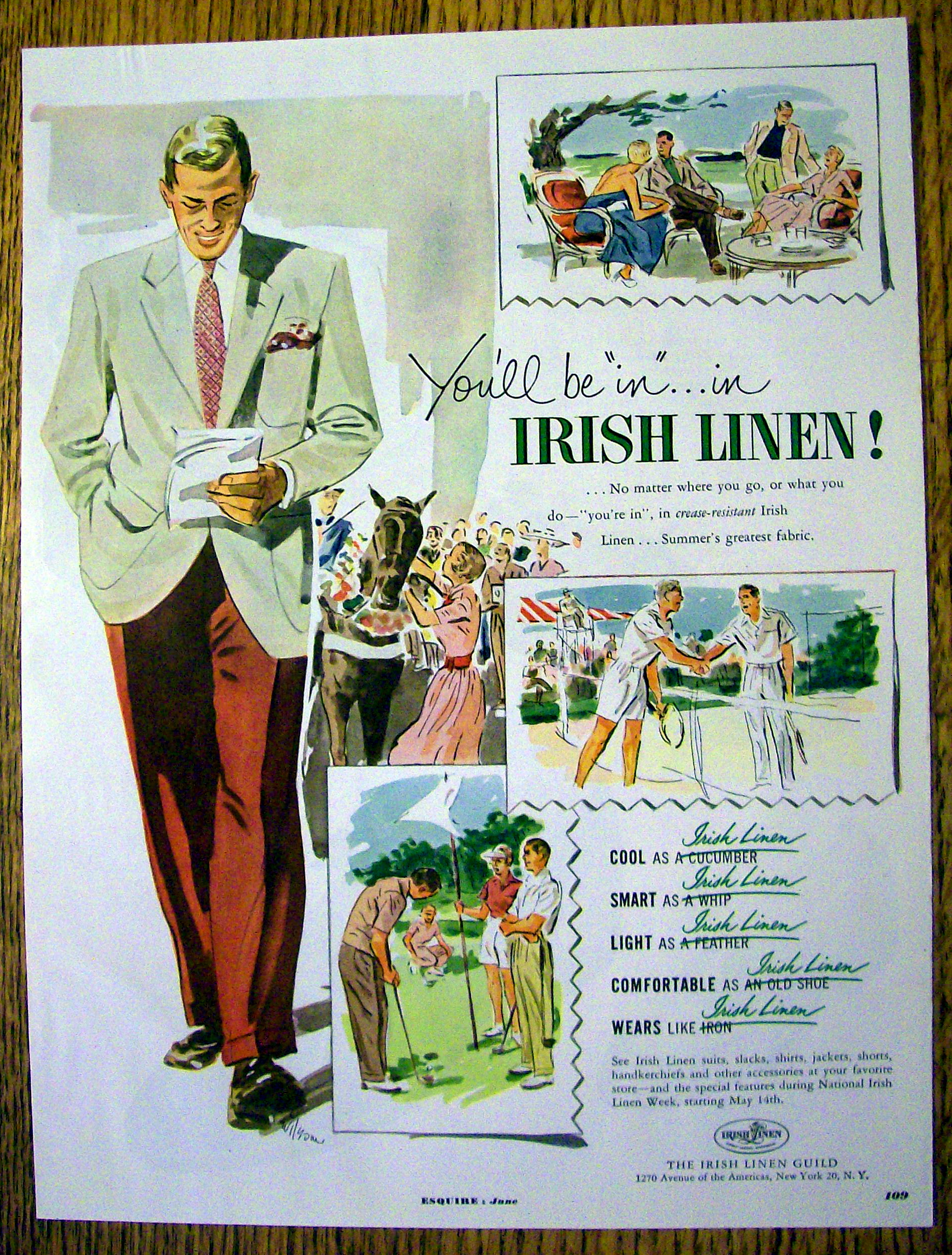 1951 Irish Linen with Man Walking in Suit
