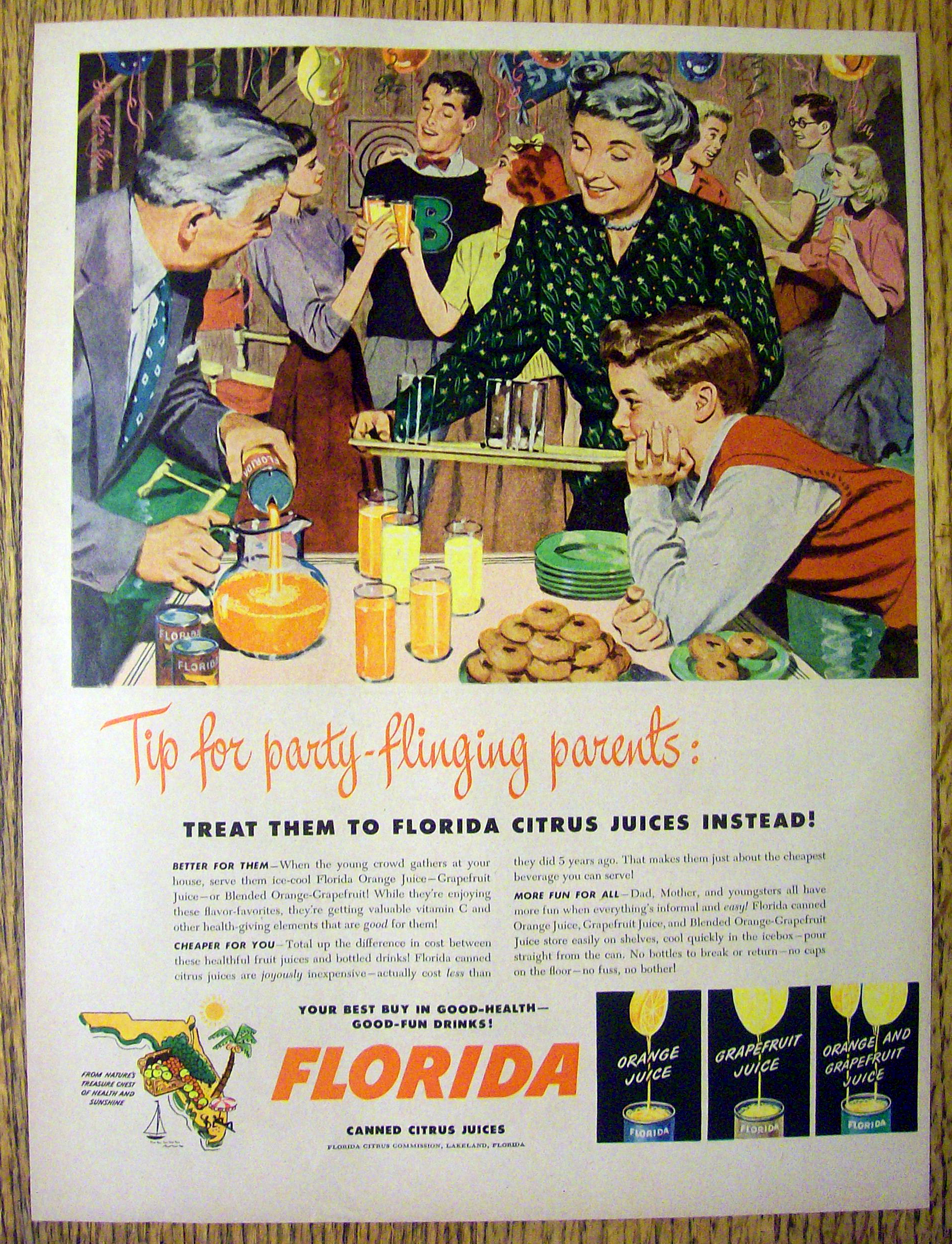 1949 Florida Canned Orange Juice with Woman Bringing a Tray of Glasses at Party