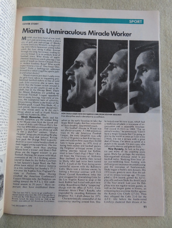 Time Magazine December 11, 1972 Miami Coach Don Shula