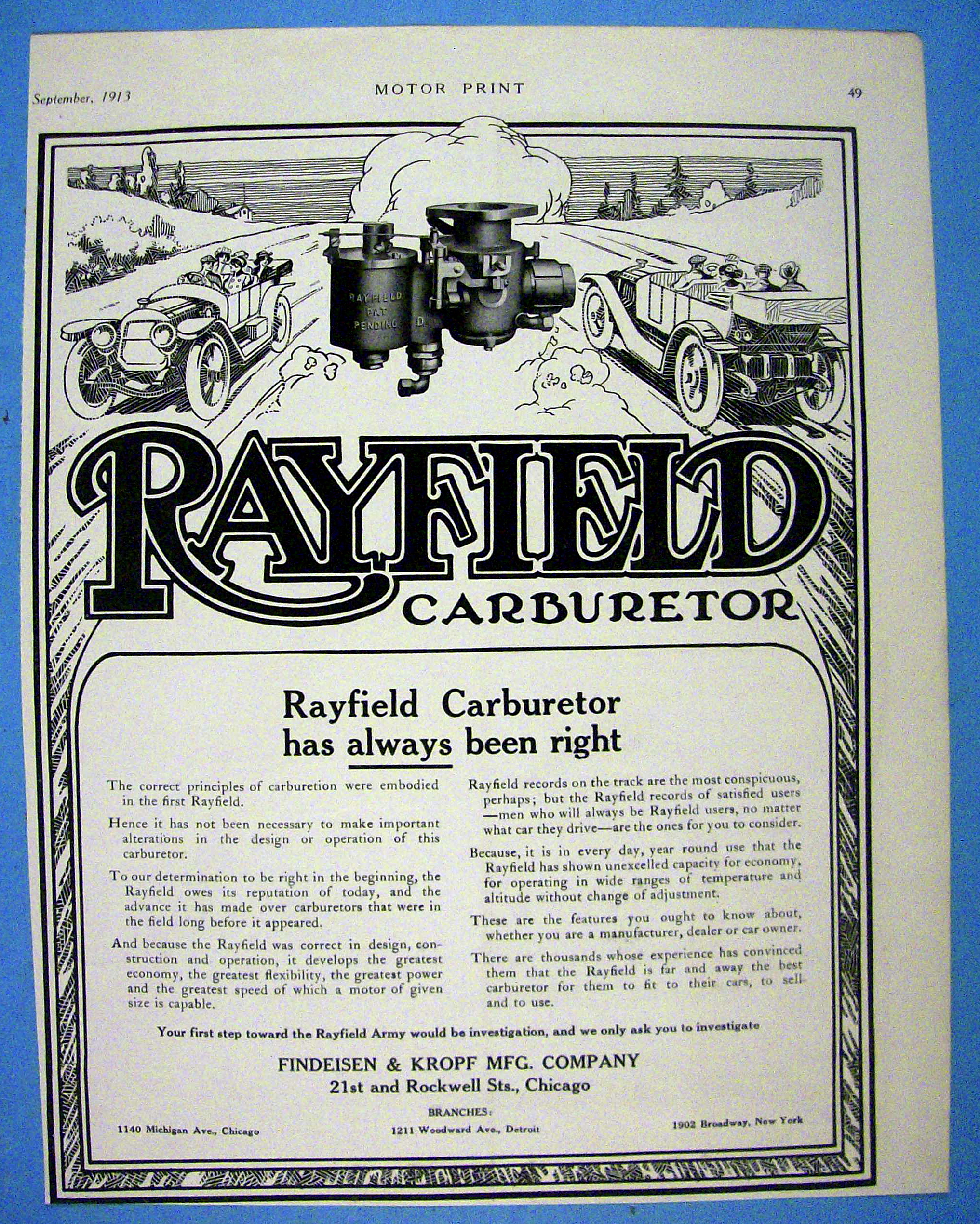 1913 Rayfield Carburetor with 2 Cars