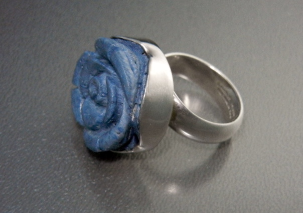 Charles Albert Blue Carved Coral Sterling Silver Ring