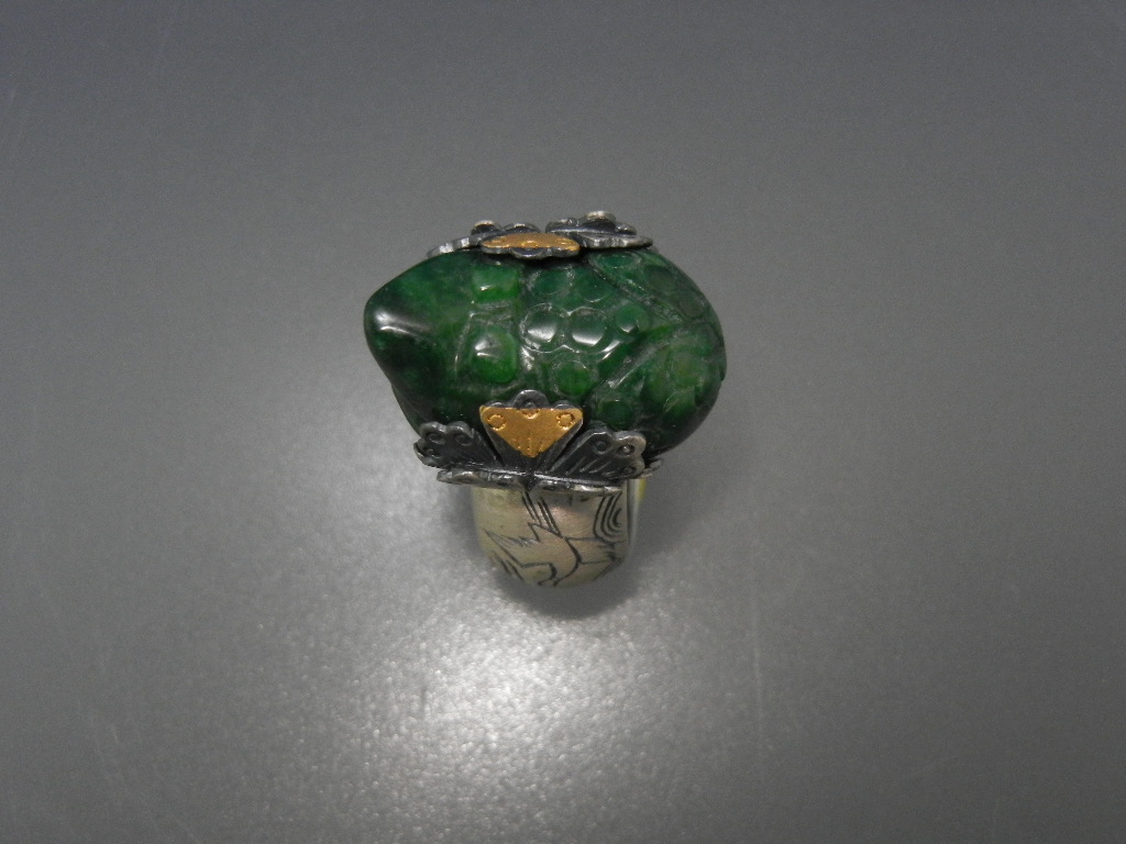 Ring Sterling Silver Hand Made Green JADE Frog Ring