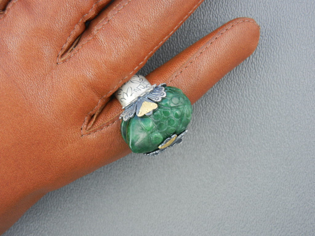 Ring Sterling Silver Hand Made Green JADE Frog Ring