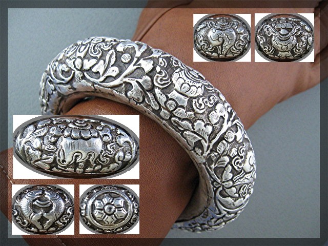 Bracelet Silver Flowers Leaves Bangle Handmade NEPAL