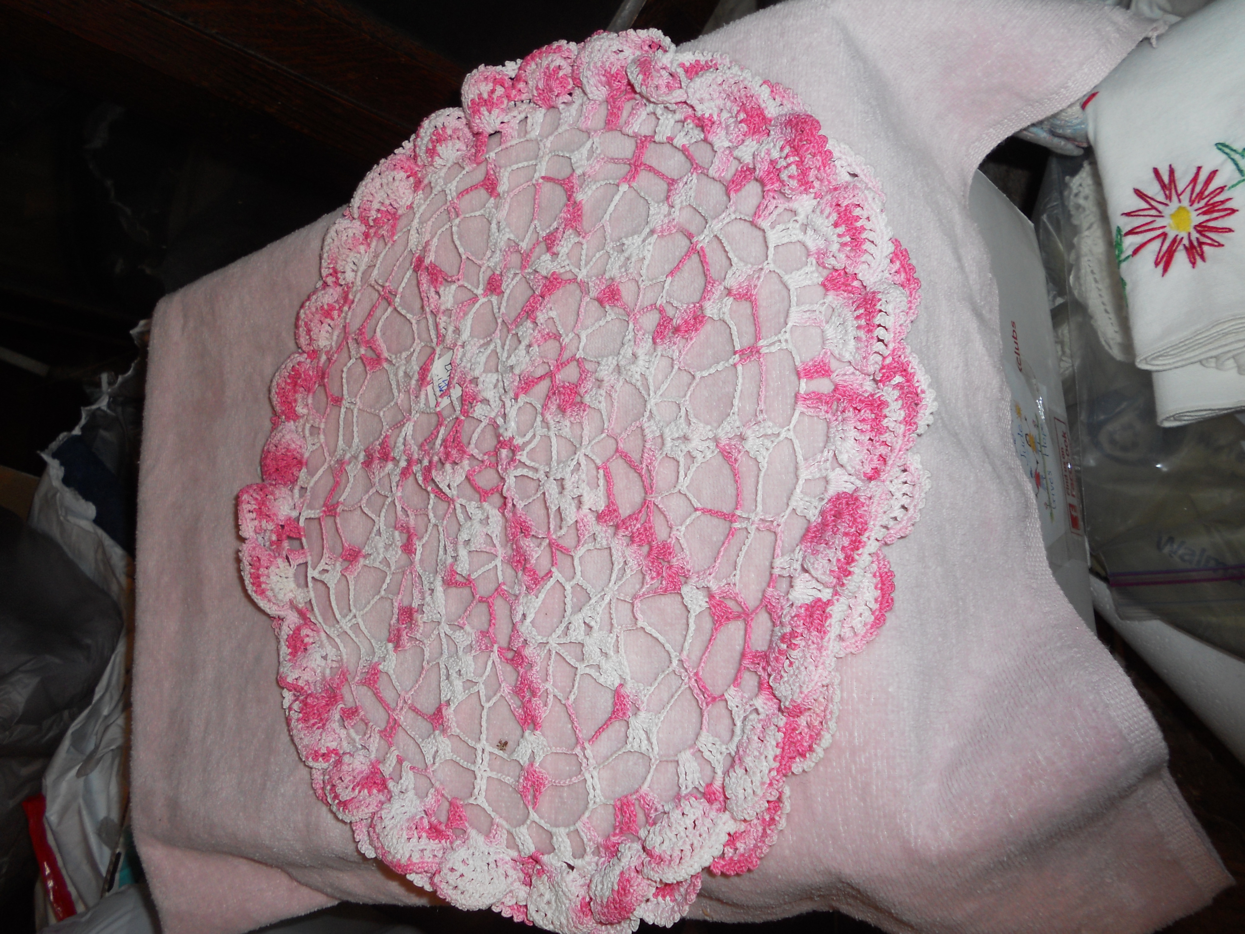 Crochet Doily Hand Made 16 inch pink white