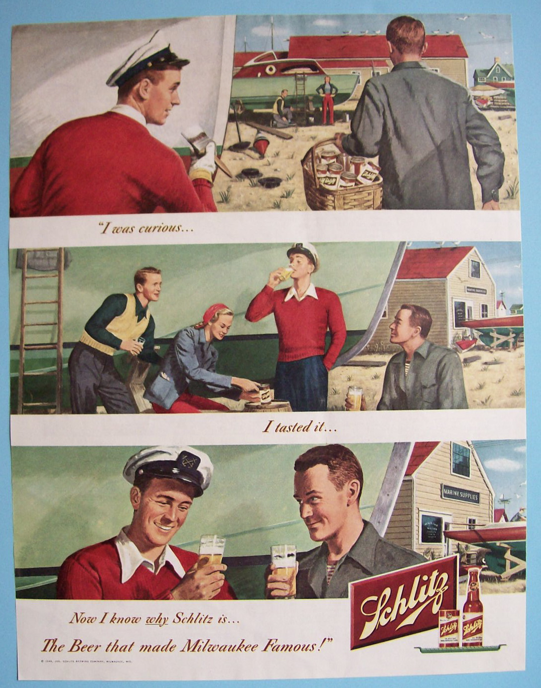 1949 Schlitz Beer with Man Fixing Up his Boat