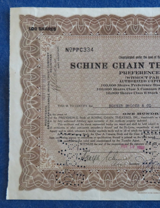 1928 Schine Chain Theatres, Inc Stock Certificate