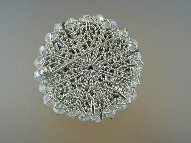 Silver Filigree Borealis Crystal Brooch 60s Costume