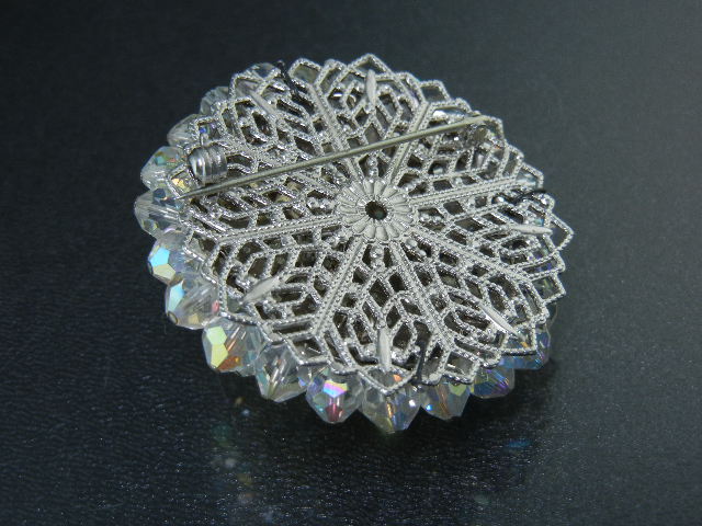 Silver Filigree Borealis Crystal Brooch 60s Costume