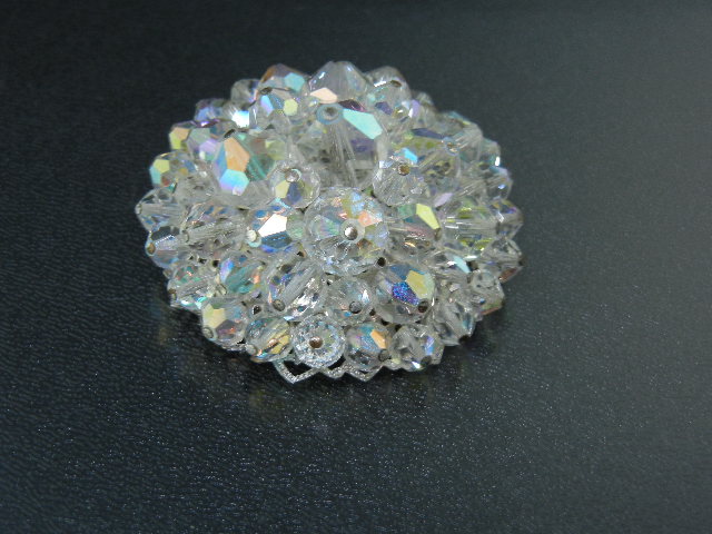 Silver Filigree Borealis Crystal Brooch 60s Costume