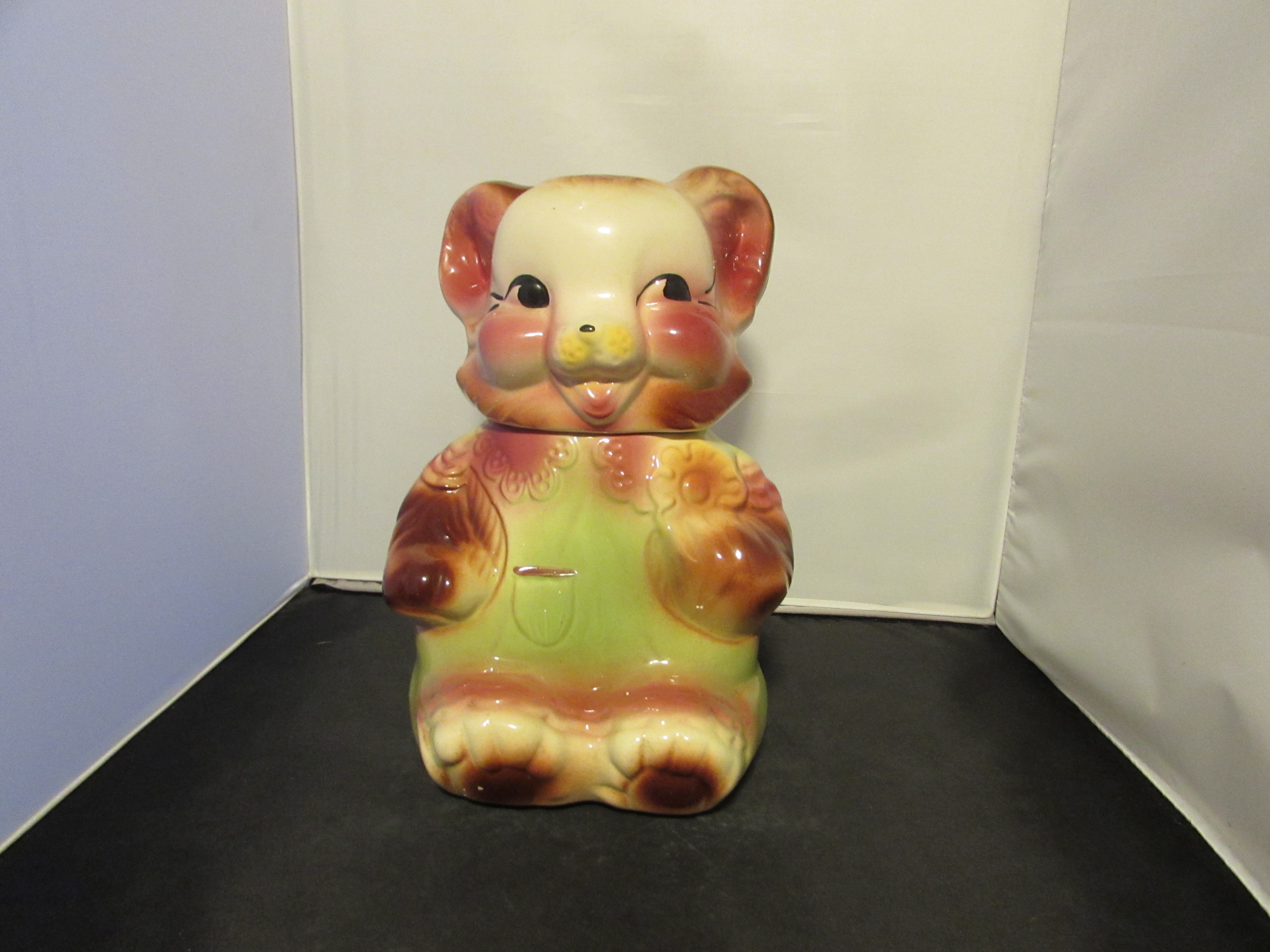 American Bisque Bear Dressed in Pink and Green