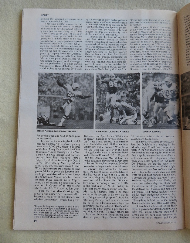 Time Magazine December 11, 1972 Miami Coach Don Shula