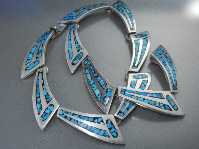 Taxco Mexico Silver Inlay Turquoise Necklace 60s